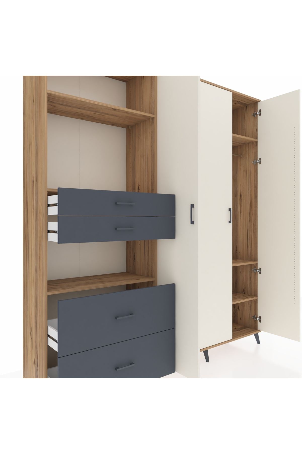 Hyperion Dolap 12 Raflı 4 Çekmeceli Tek Askılı 220x44x243 Çam-Aytaşı/Antrasit