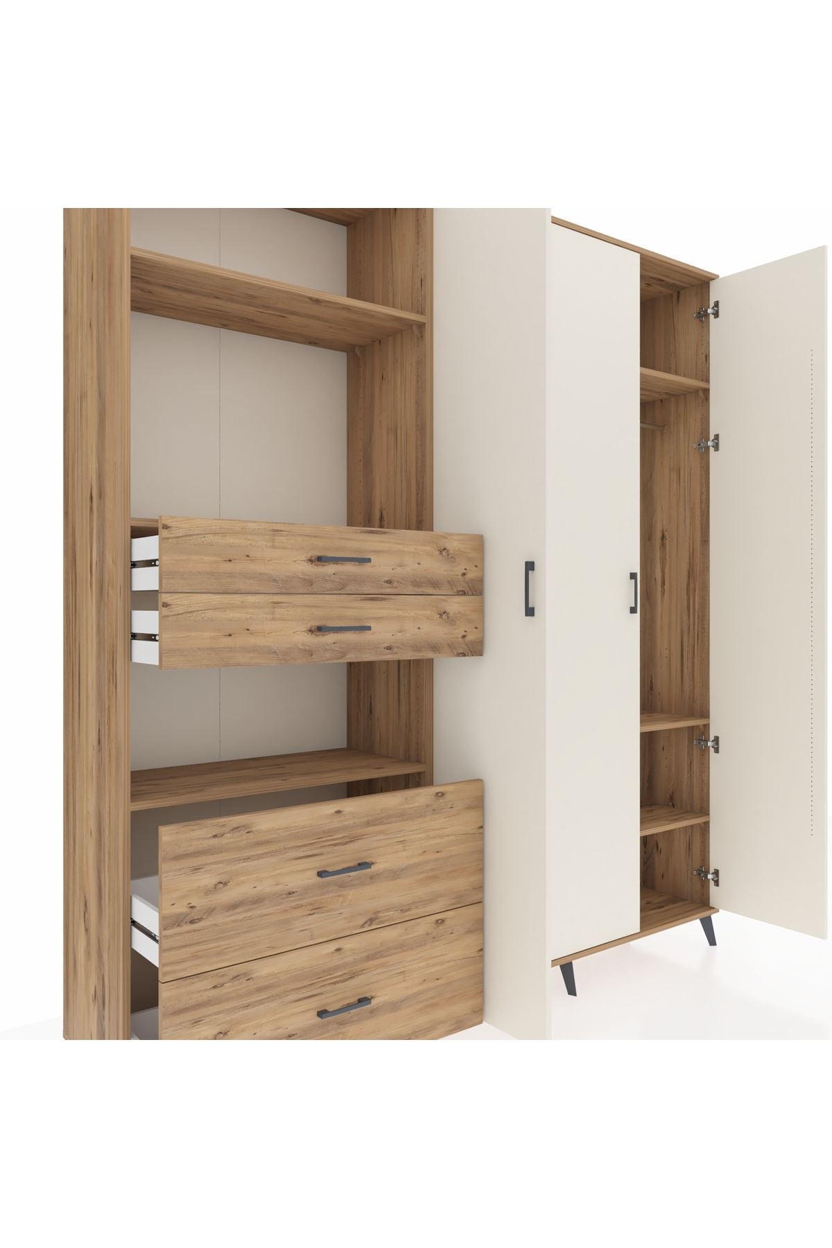 Hyperion Dolap 12 Raflı 4 Çekmeceli Tek Askılı 220x44x243 Çam-Aytaşı/Çam