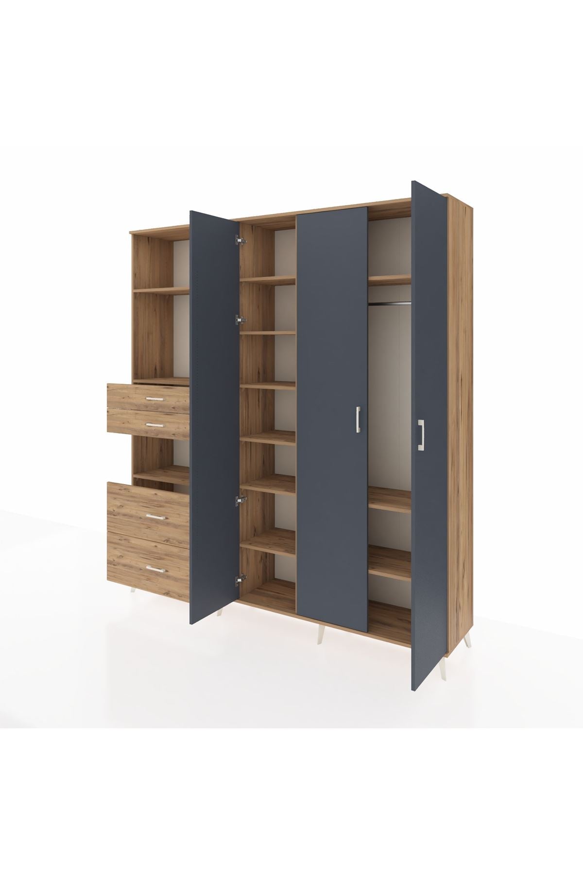 Hyperion Dolap 12 Raflı 4 Çekmeceli Tek Askılı 220x44x243 Çam-Antrasit/Çam