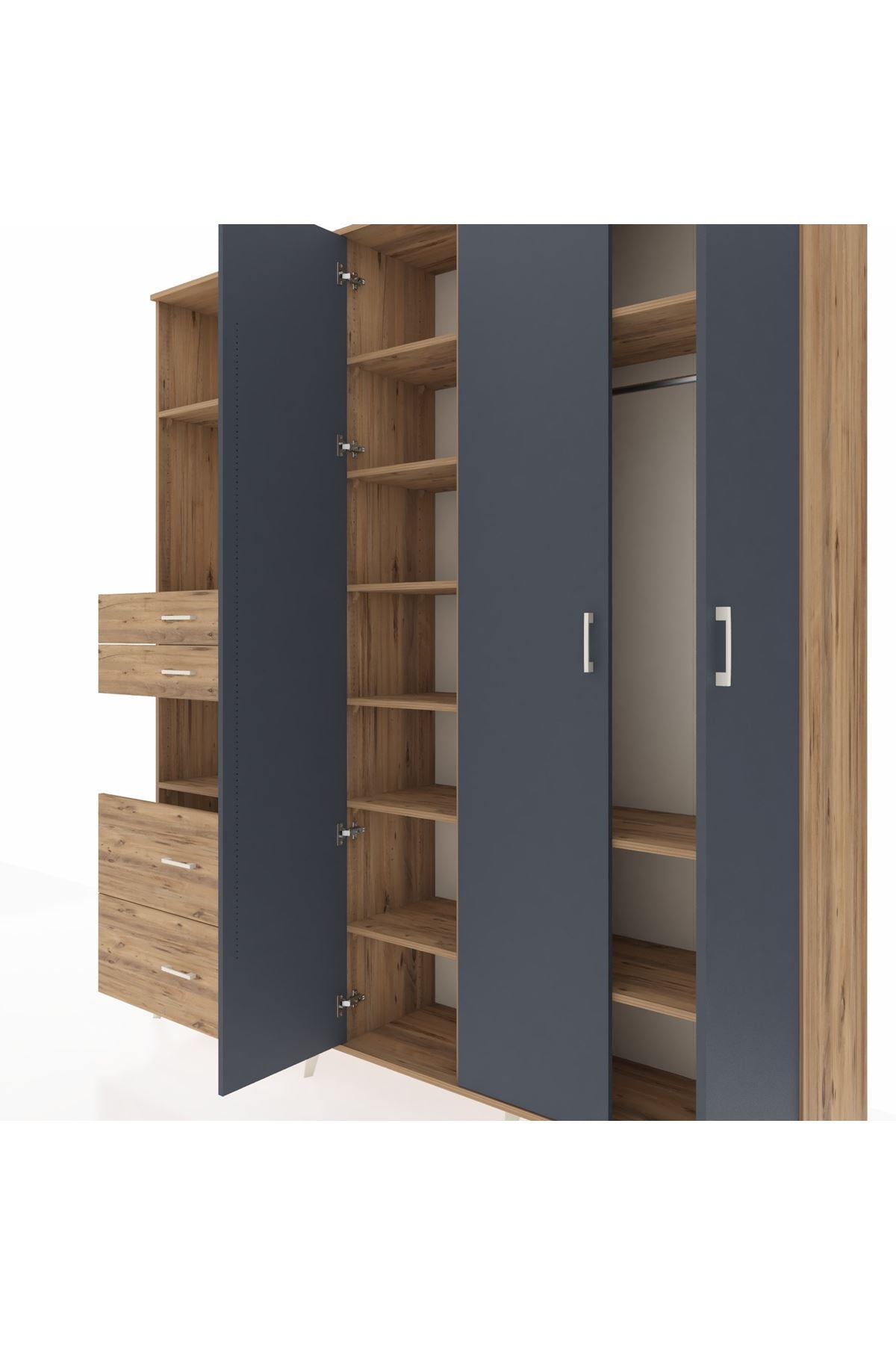 Hyperion Dolap 12 Raflı 4 Çekmeceli Tek Askılı 220x44x243 Çam-Antrasit/Çam