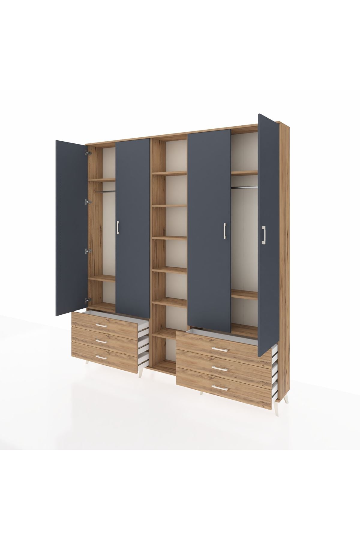 Arges Dolap 13 Raflı 6 Çekmeceli 2 Askılı 220x30x243 Çam-Antrasit/Çam