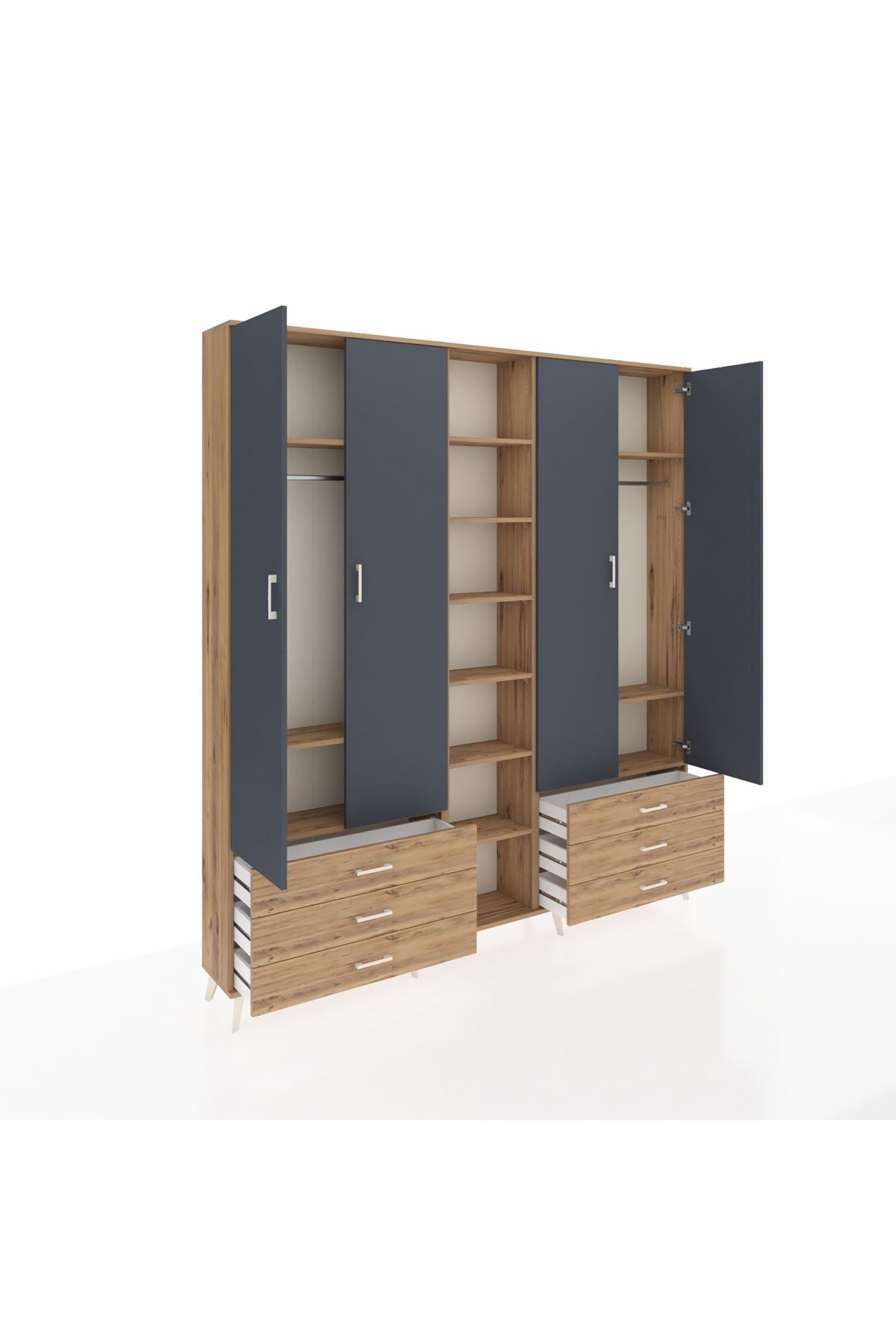 Arges Dolap 13 Raflı 6 Çekmeceli 2 Askılı 220x30x243 Çam-Antrasit/Çam