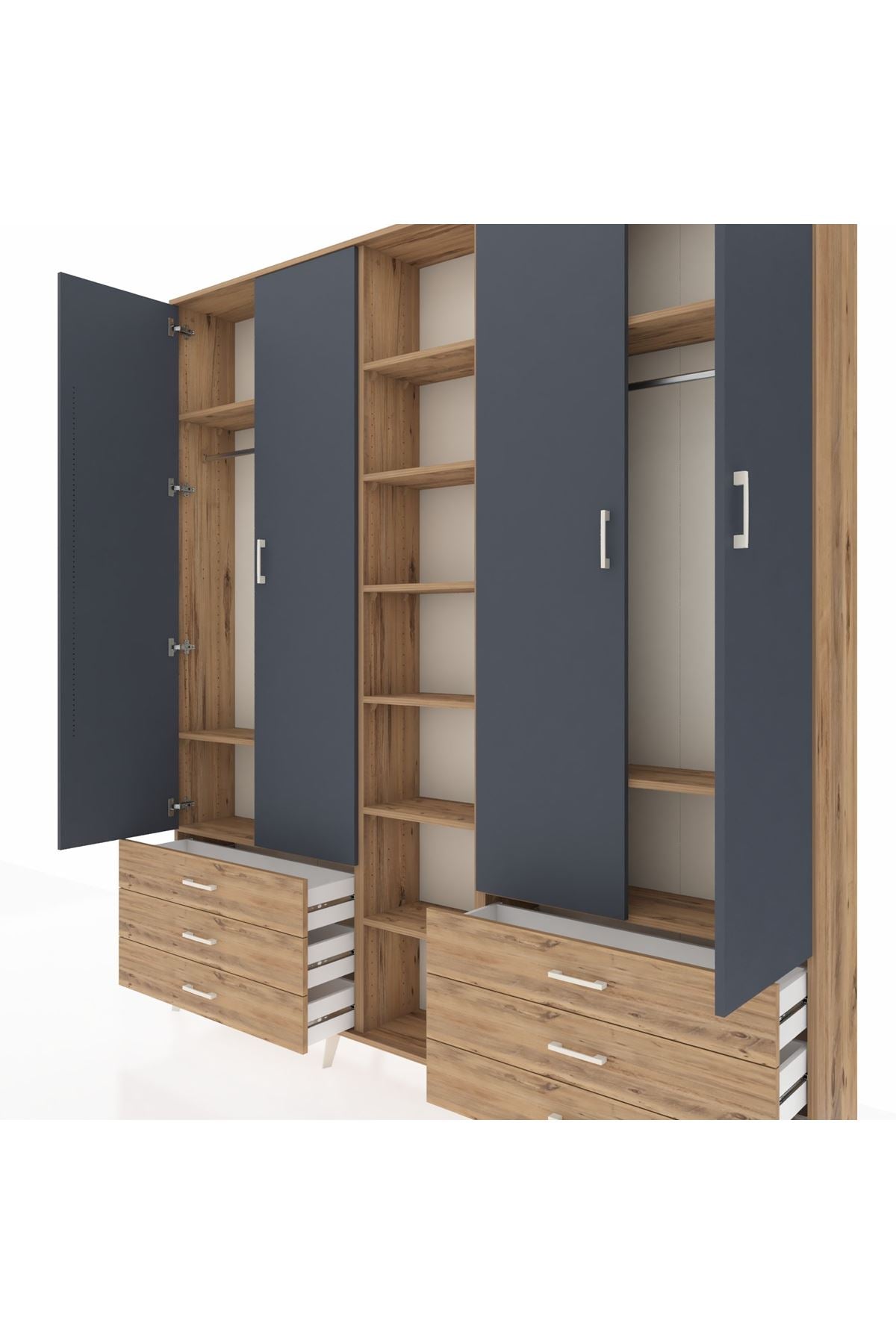 Arges Dolap 13 Raflı 6 Çekmeceli 2 Askılı 220x30x243 Çam-Antrasit/Çam