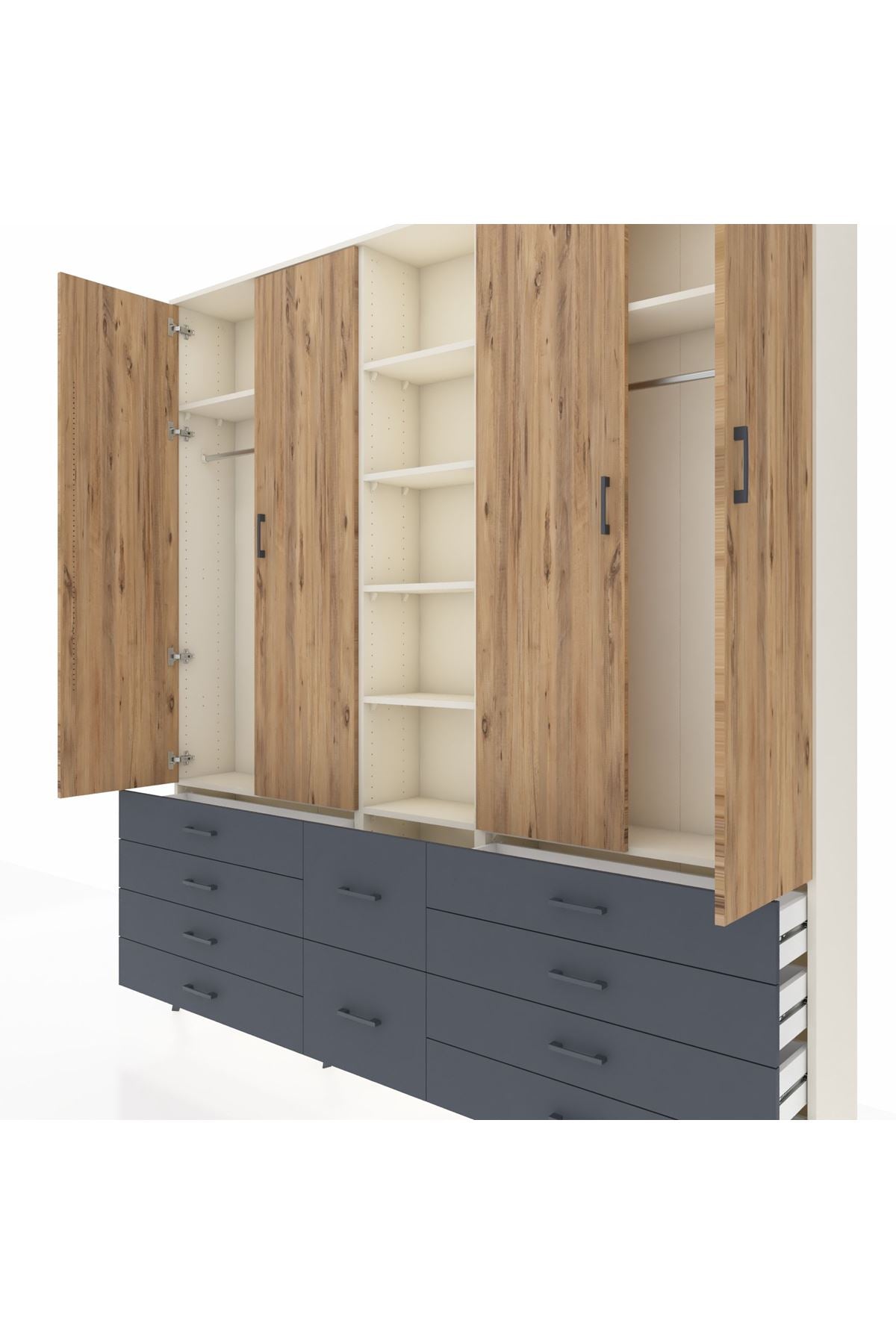 Arges Dolap 9 Raflı 10 Çekmeceli 2 Askılı 220x30x243 Aytaşı-Çam/Antrasit