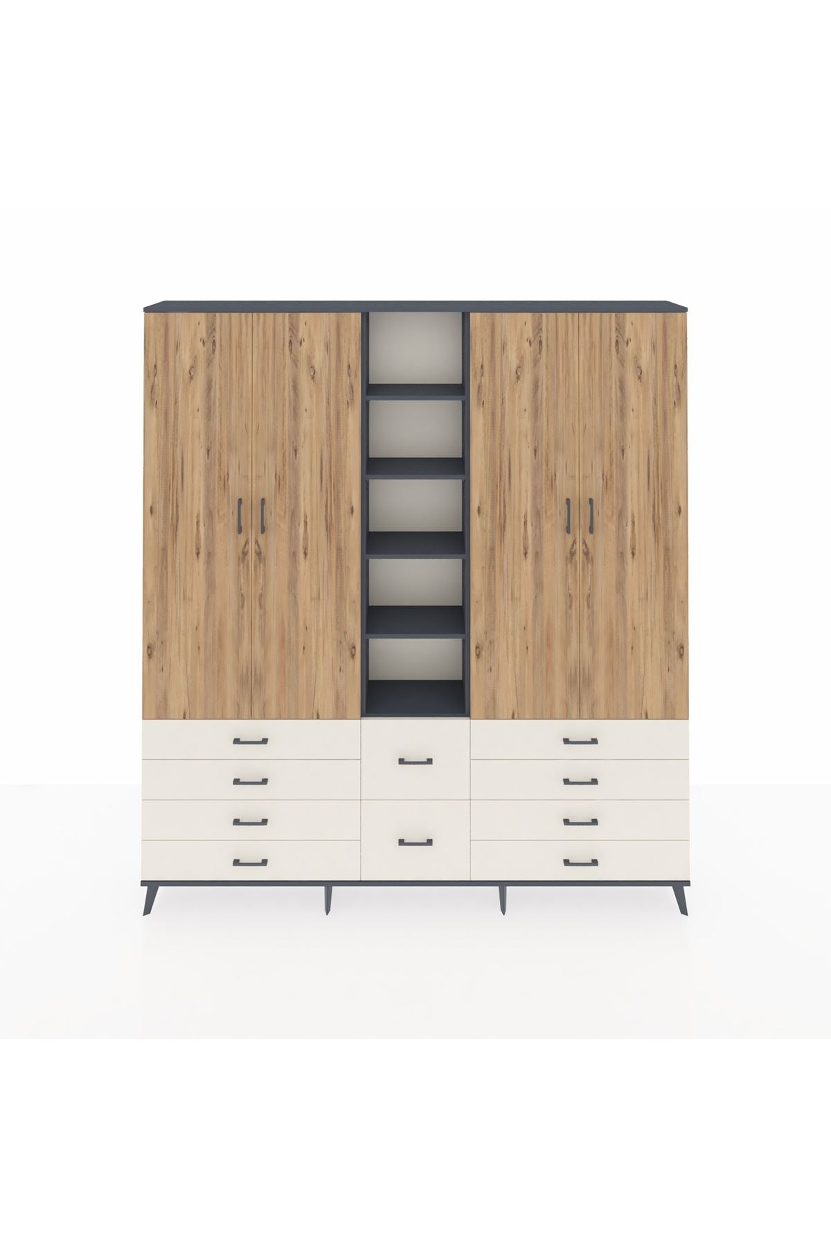 Arges Dolap 9 Raflı 10 Çekmeceli 2 Askılı 220x30x243 Antrasit-Çam/Aytaşı