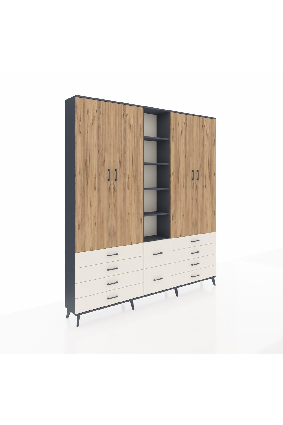 Arges Dolap 9 Raflı 10 Çekmeceli 2 Askılı 220x30x243 Antrasit-Çam/Aytaşı