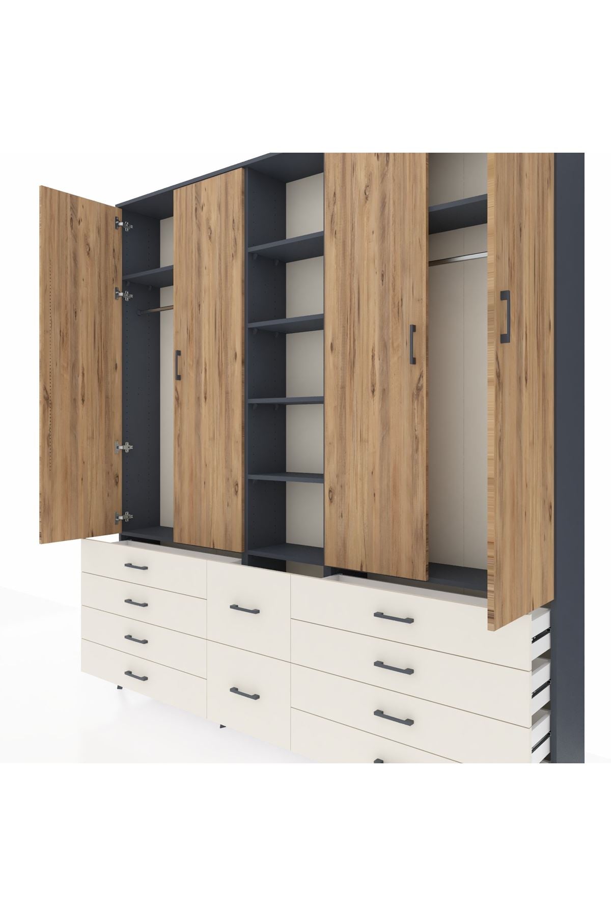 Arges Dolap 9 Raflı 10 Çekmeceli 2 Askılı 220x30x243 Antrasit-Çam/Aytaşı