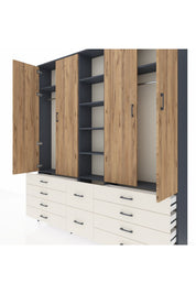 Arges Dolap 9 Raflı 10 Çekmeceli 2 Askılı 220x30x243 Antrasit-Çam/Aytaşı