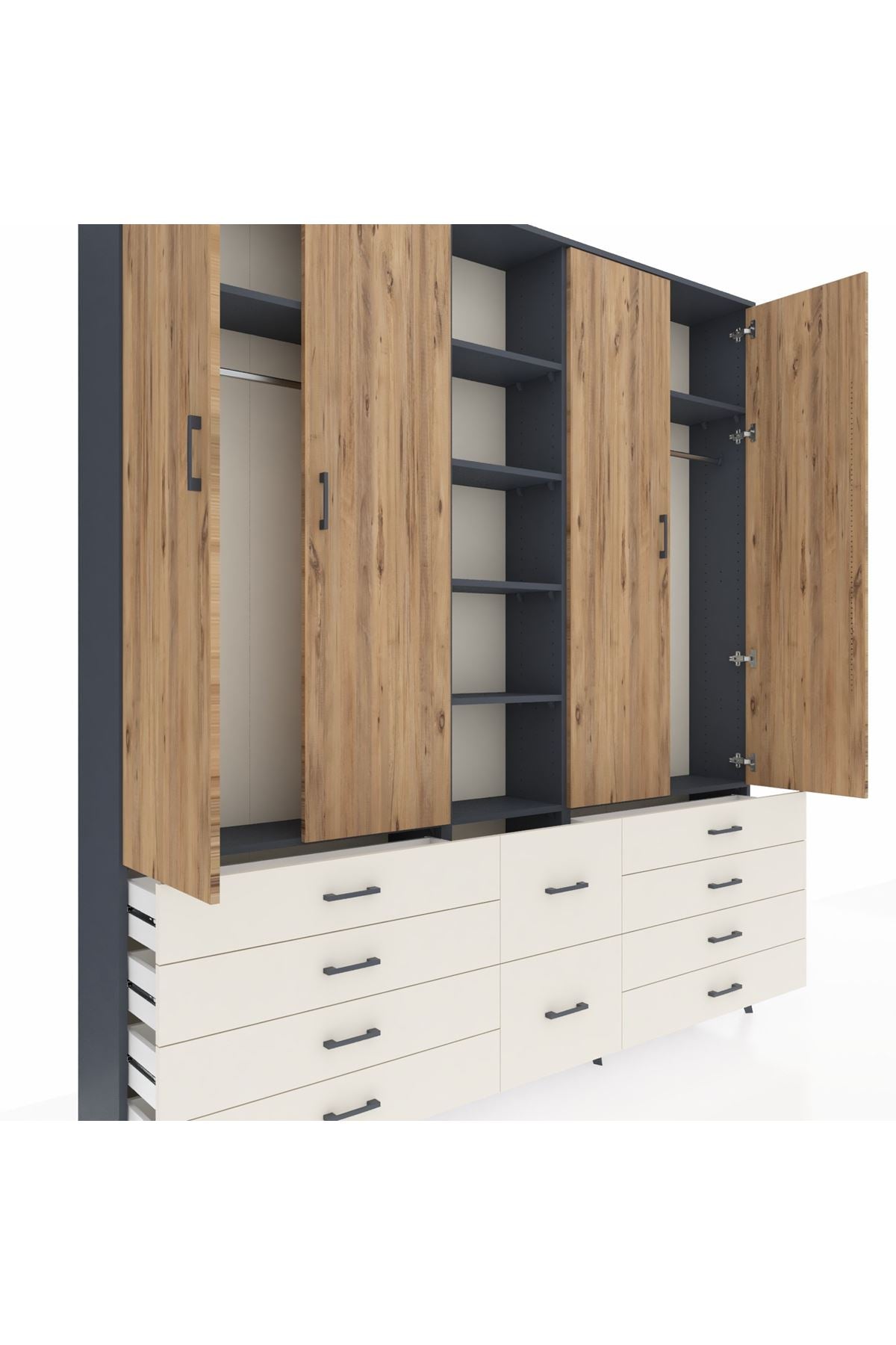 Arges Dolap 9 Raflı 10 Çekmeceli 2 Askılı 220x30x243 Antrasit-Çam/Aytaşı