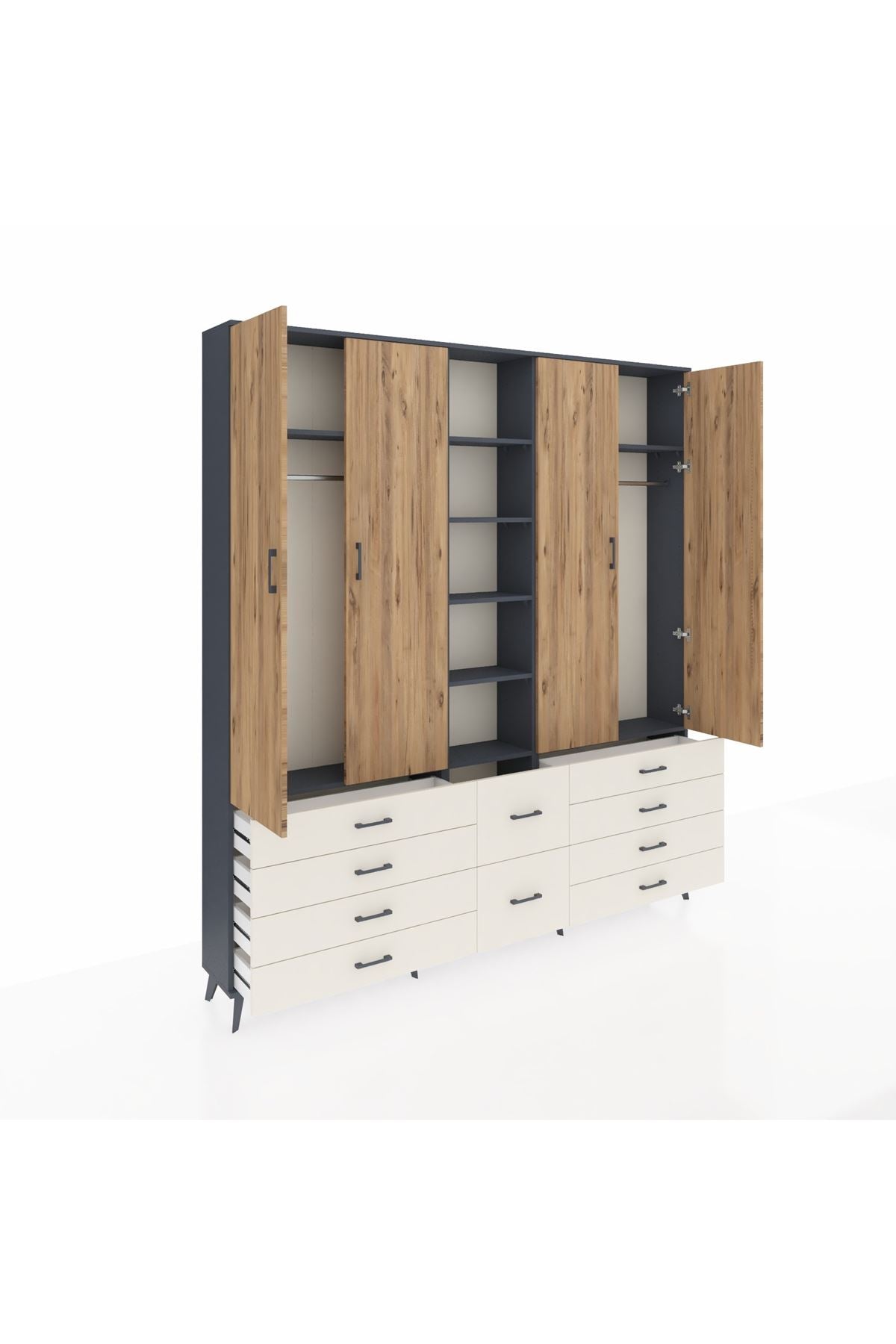 Arges Dolap 9 Raflı 10 Çekmeceli 2 Askılı 220x30x243 Antrasit-Çam/Aytaşı