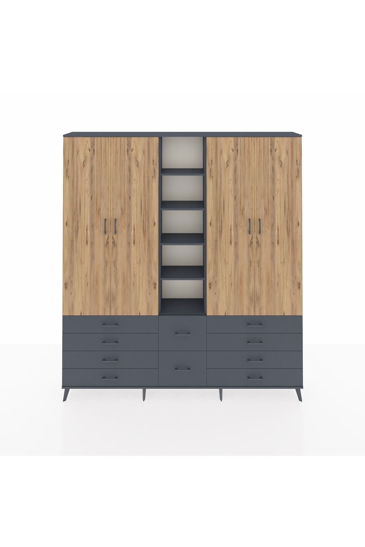 Arges Dolap 9 Raflı 10 Çekmeceli 2 Askılı 220x30x243 Antrasit-Çam/Antrasit