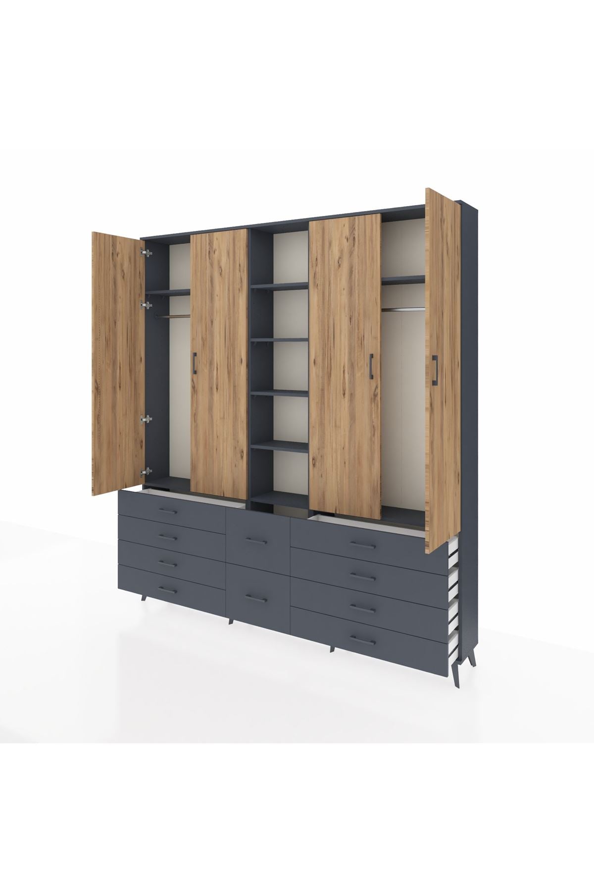 Arges Dolap 9 Raflı 10 Çekmeceli 2 Askılı 220x30x243 Antrasit-Çam/Antrasit