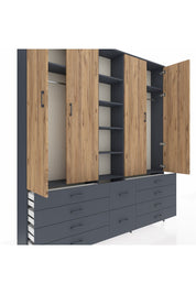Arges Dolap 9 Raflı 10 Çekmeceli 2 Askılı 220x30x243 Antrasit-Çam/Antrasit