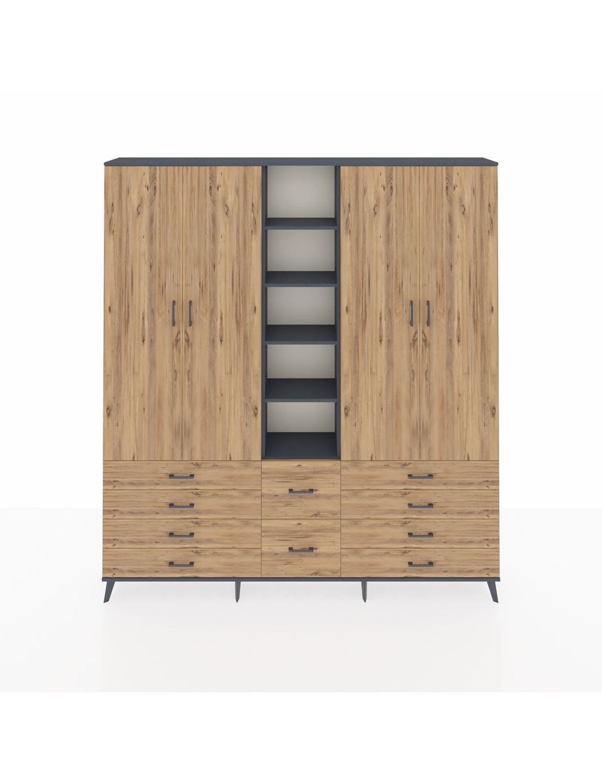 Arges Gardrop 9 Raflı 10 Çekmeceli 2 Askılı 220x30x243 Antrasit-Çam