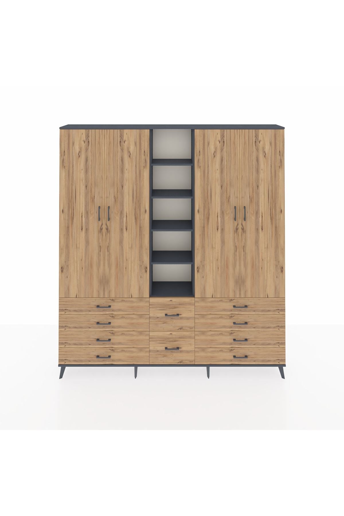 Arges Gardrop 9 Raflı 10 Çekmeceli 2 Askılı 220x30x243 Antrasit-Çam