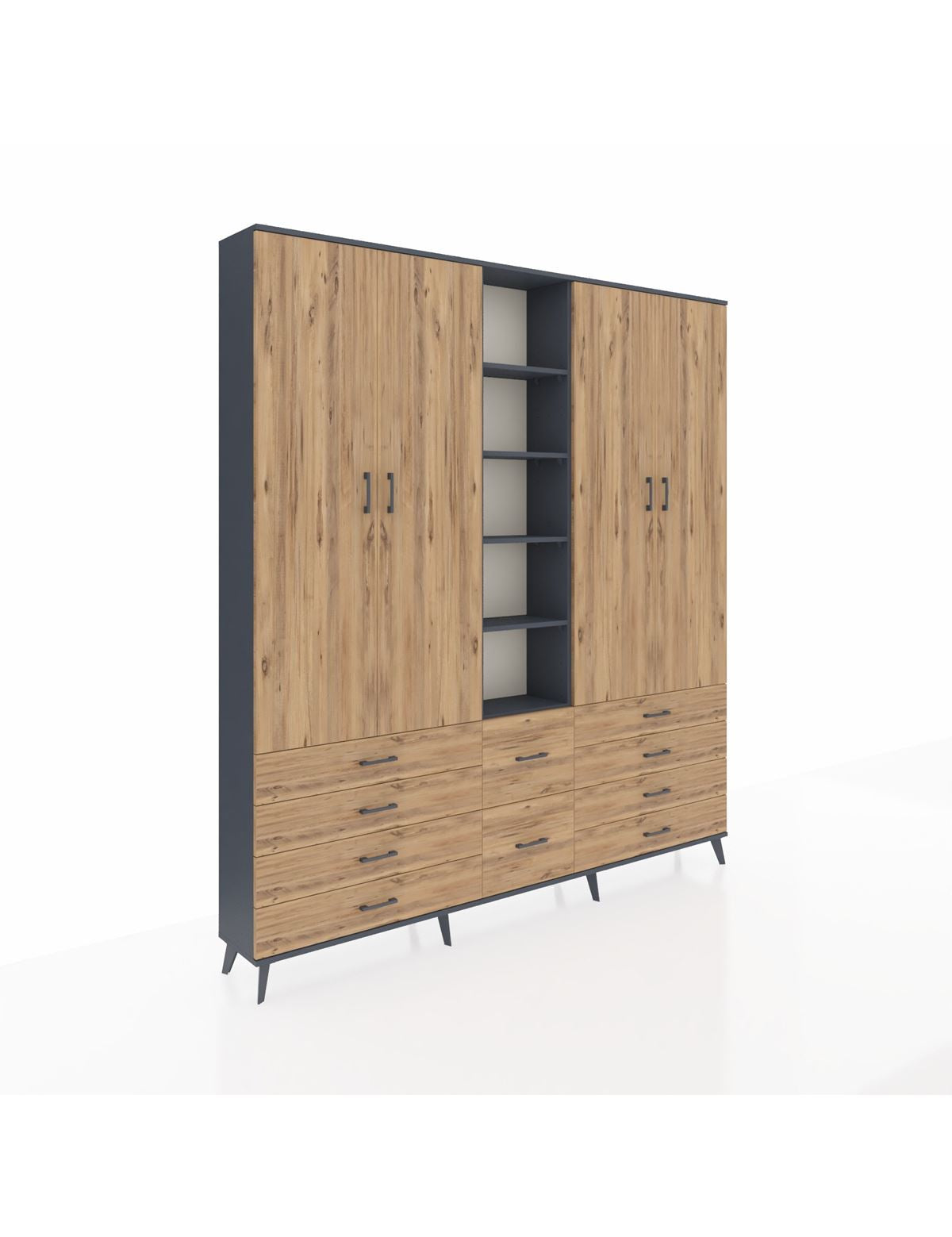 Arges Gardrop 9 Raflı 10 Çekmeceli 2 Askılı 220x30x243 Antrasit-Çam