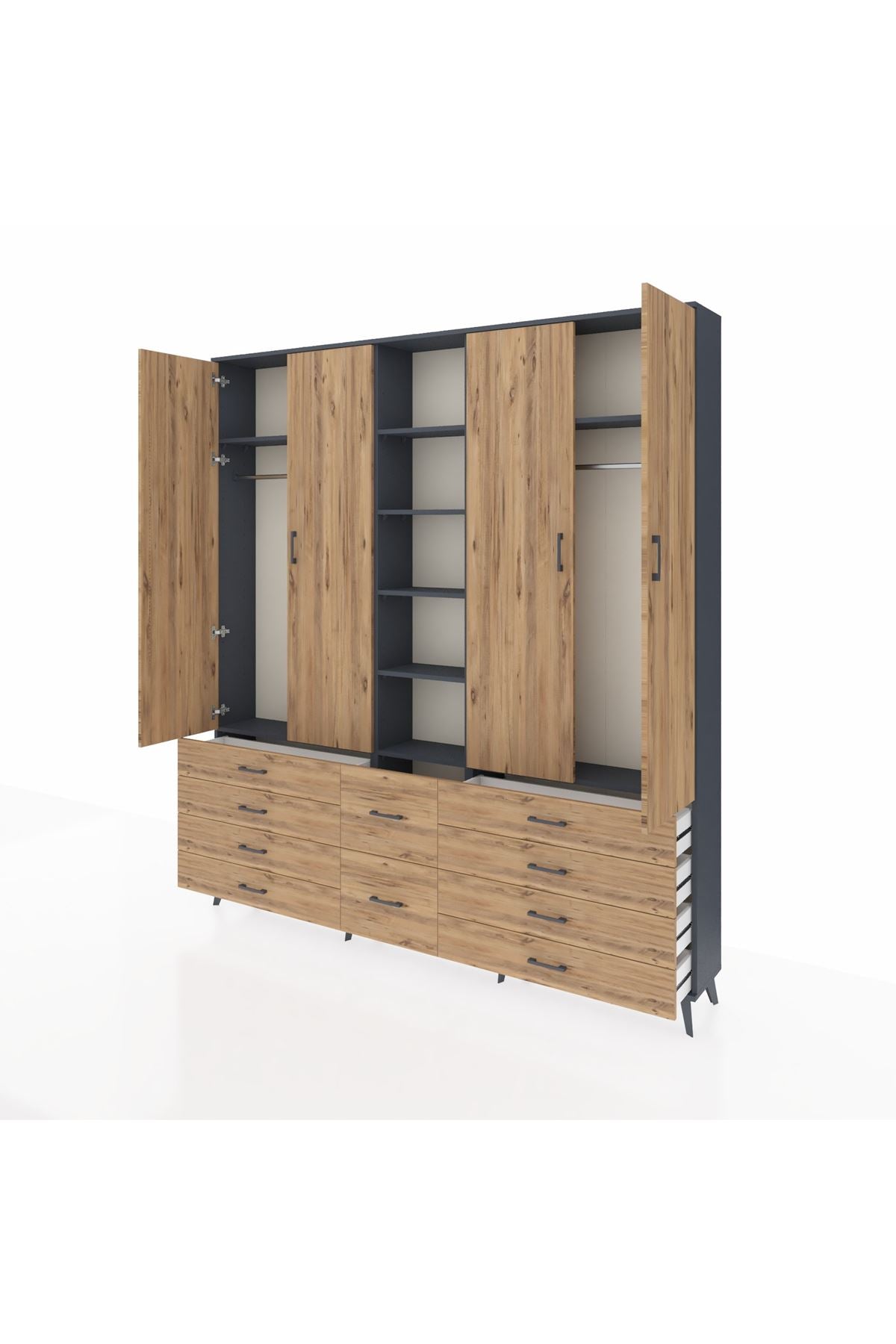 Arges Gardrop 9 Raflı 10 Çekmeceli 2 Askılı 220x30x243 Antrasit-Çam