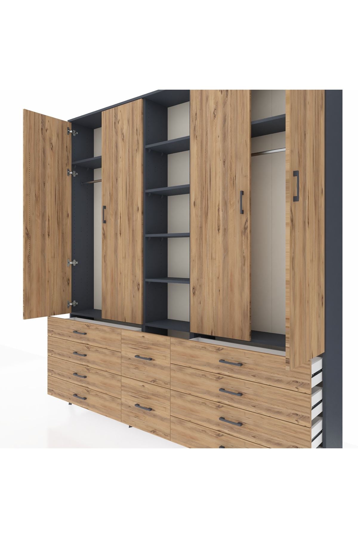 Arges Gardrop 9 Raflı 10 Çekmeceli 2 Askılı 220x30x243 Antrasit-Çam