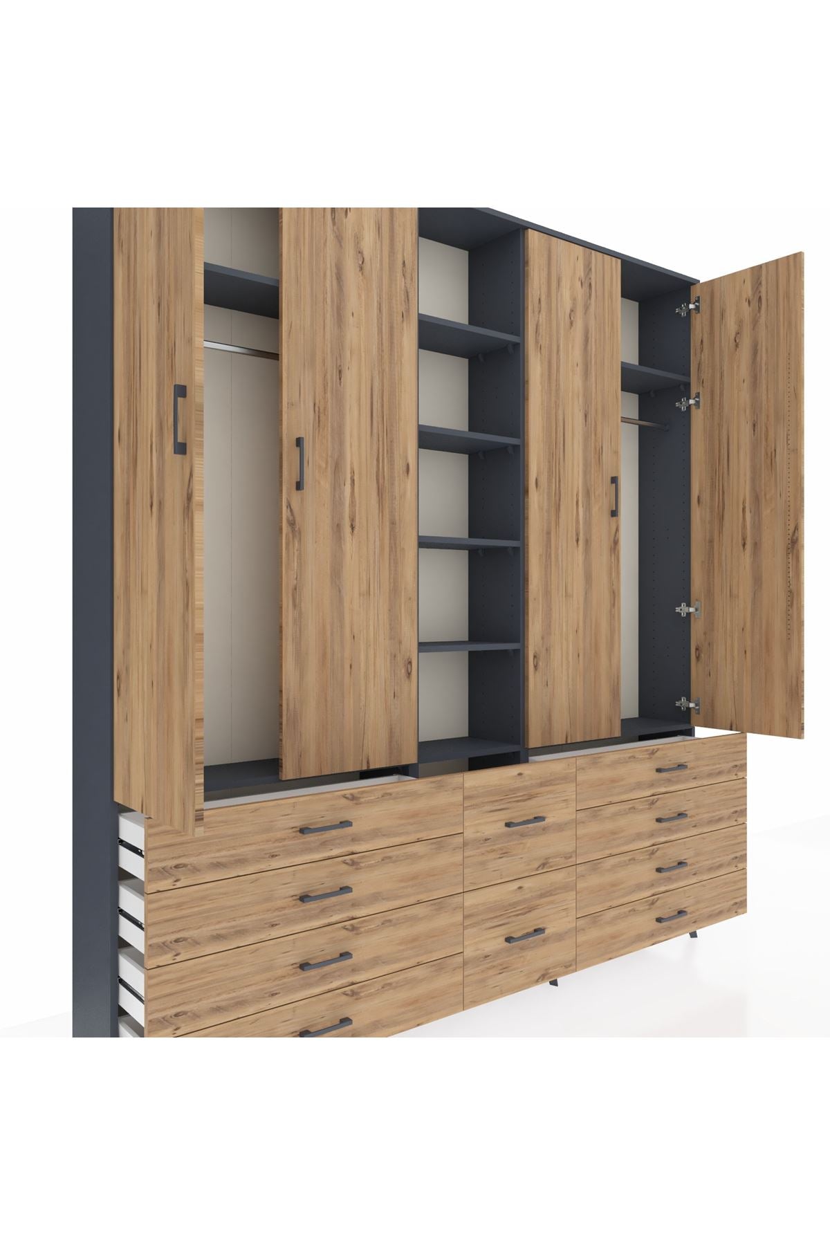 Arges Gardrop 9 Raflı 10 Çekmeceli 2 Askılı 220x30x243 Antrasit-Çam