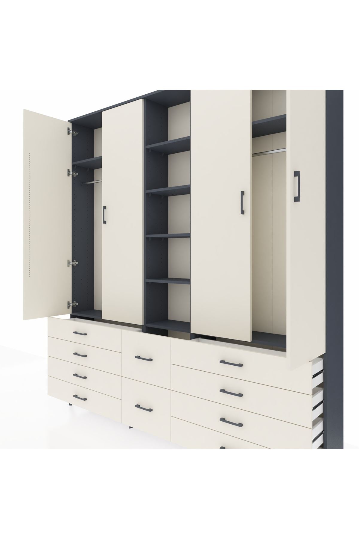 Arges Gardrop 9 Raflı 10 Çekmeceli 2 Askılı 220x30x243 Antrasit-Aytaşı