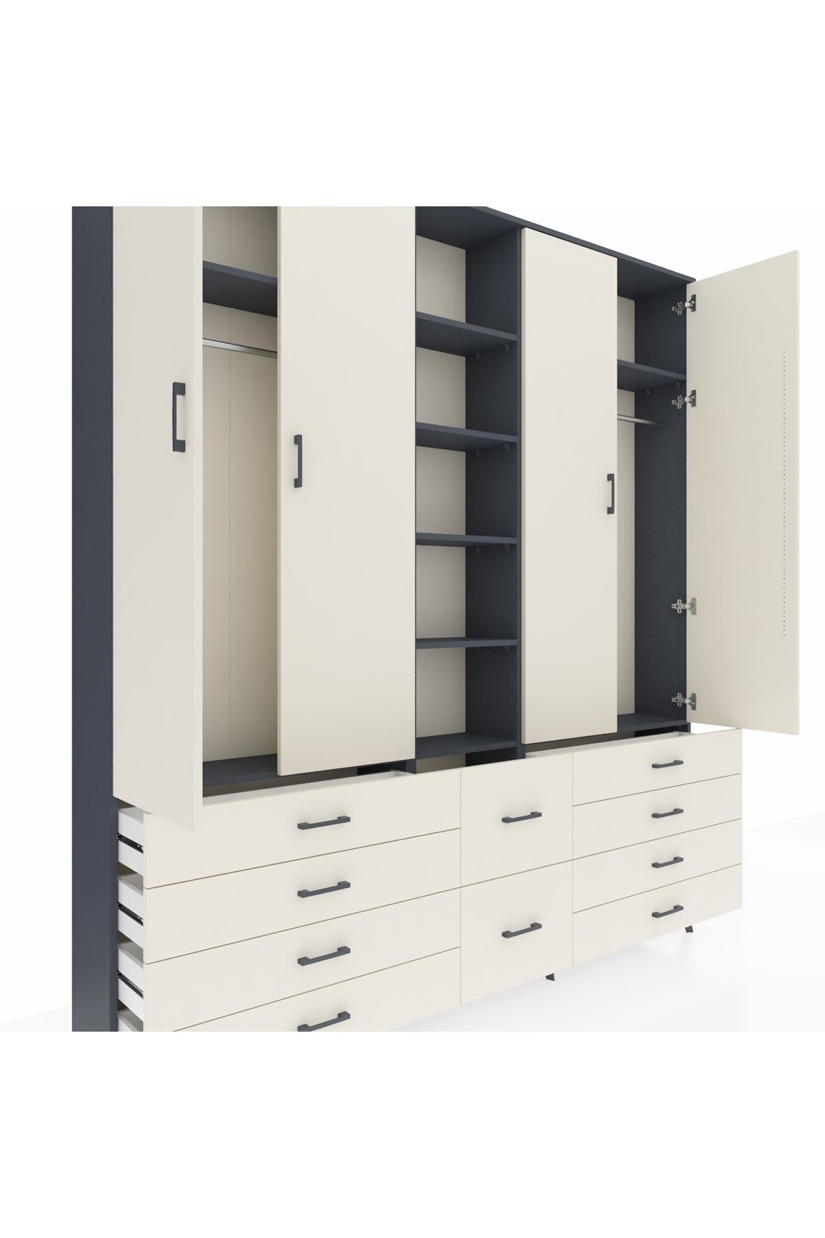 Arges Gardrop 9 Raflı 10 Çekmeceli 2 Askılı 220x30x243 Antrasit-Aytaşı