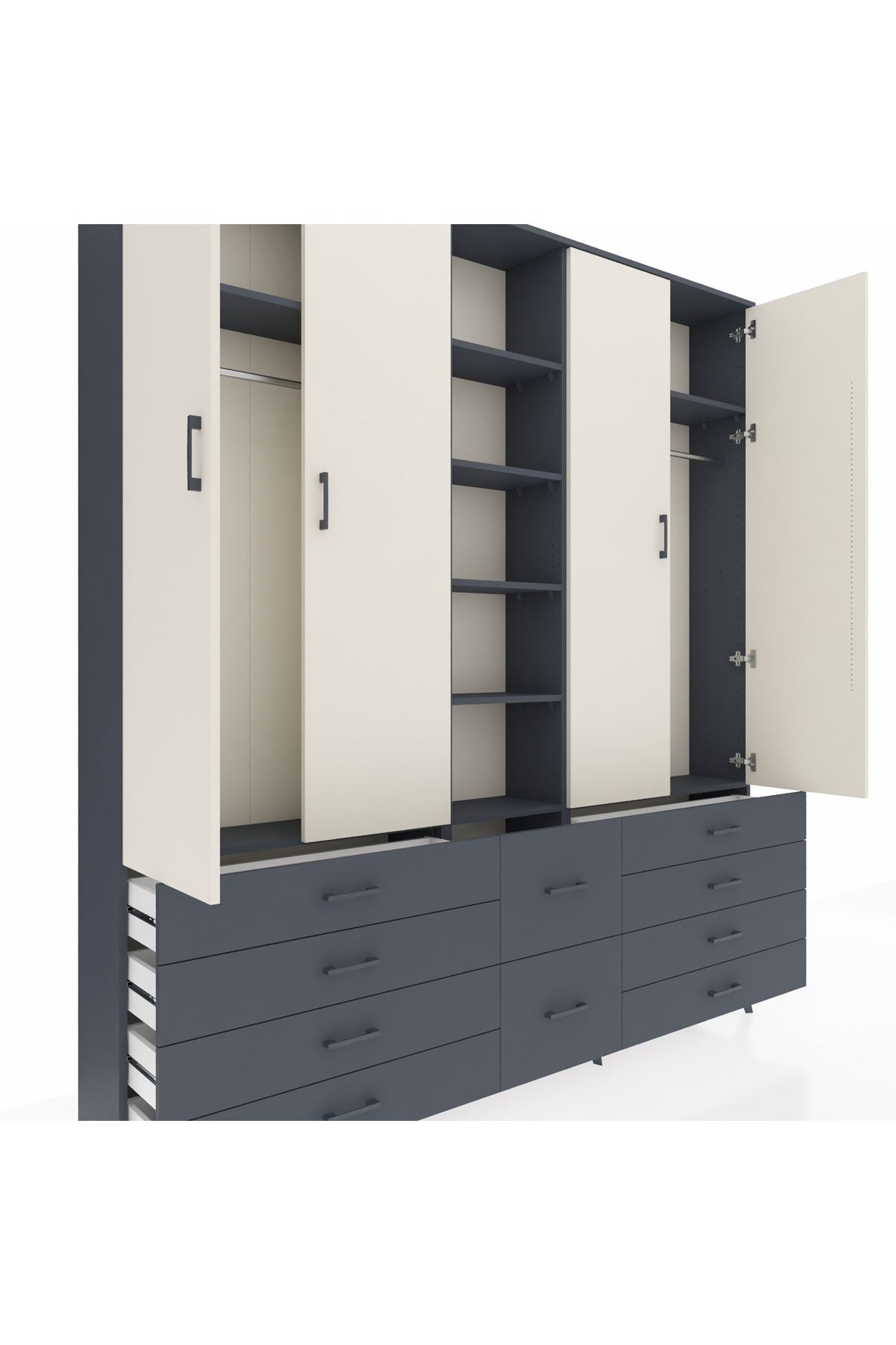 Arges Dolap 9 Raflı 10 Çekmeceli 2 Askılı 220x30x243 Antrasit-Aytaşı/Antrasit