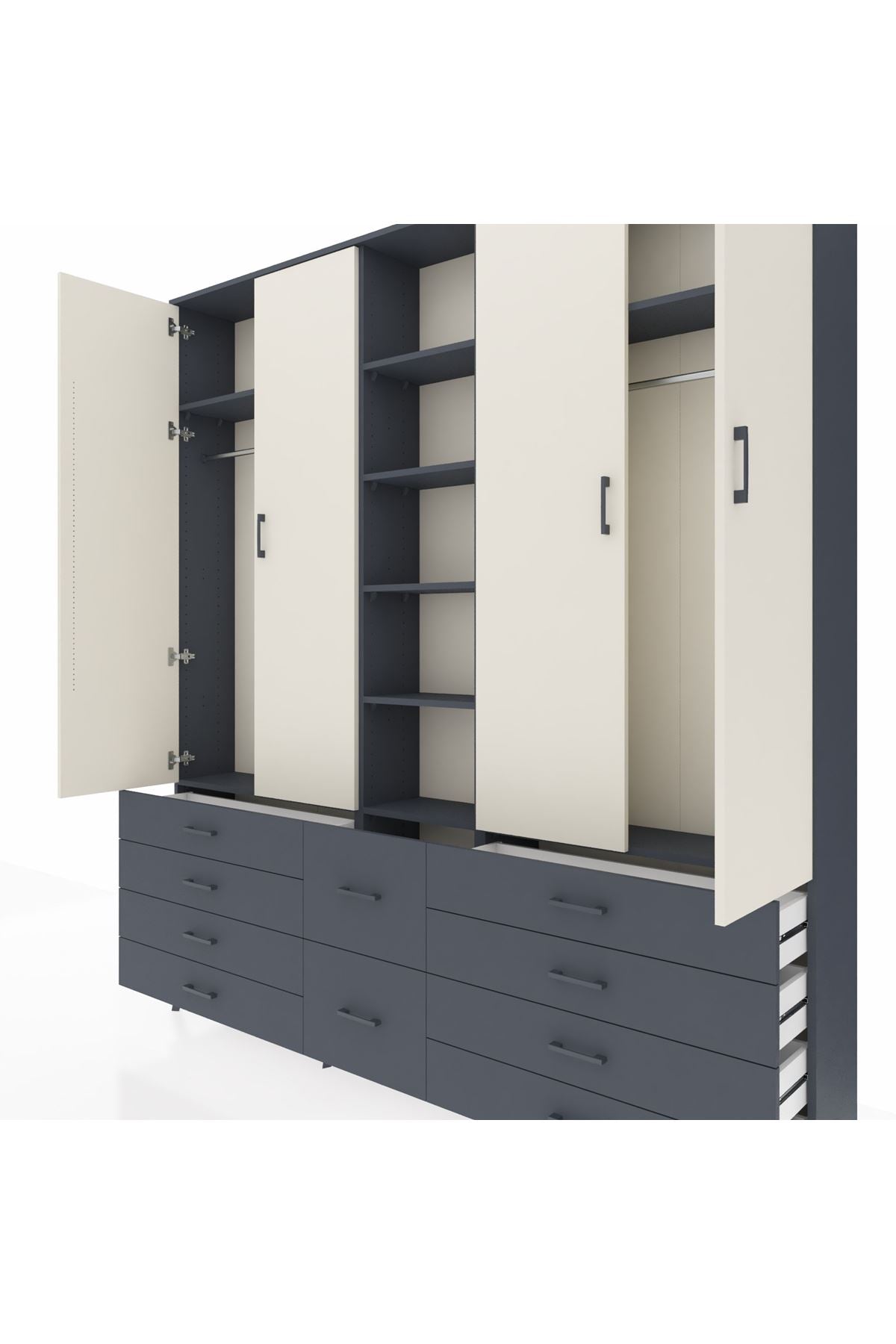 Arges Dolap 9 Raflı 10 Çekmeceli 2 Askılı 220x30x243 Antrasit-Aytaşı/Antrasit