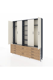 Arges Dolap 9 Raflı 10 Çekmeceli 2 Askılı 220x30x243 Antrasit-Aytaşı/Çam