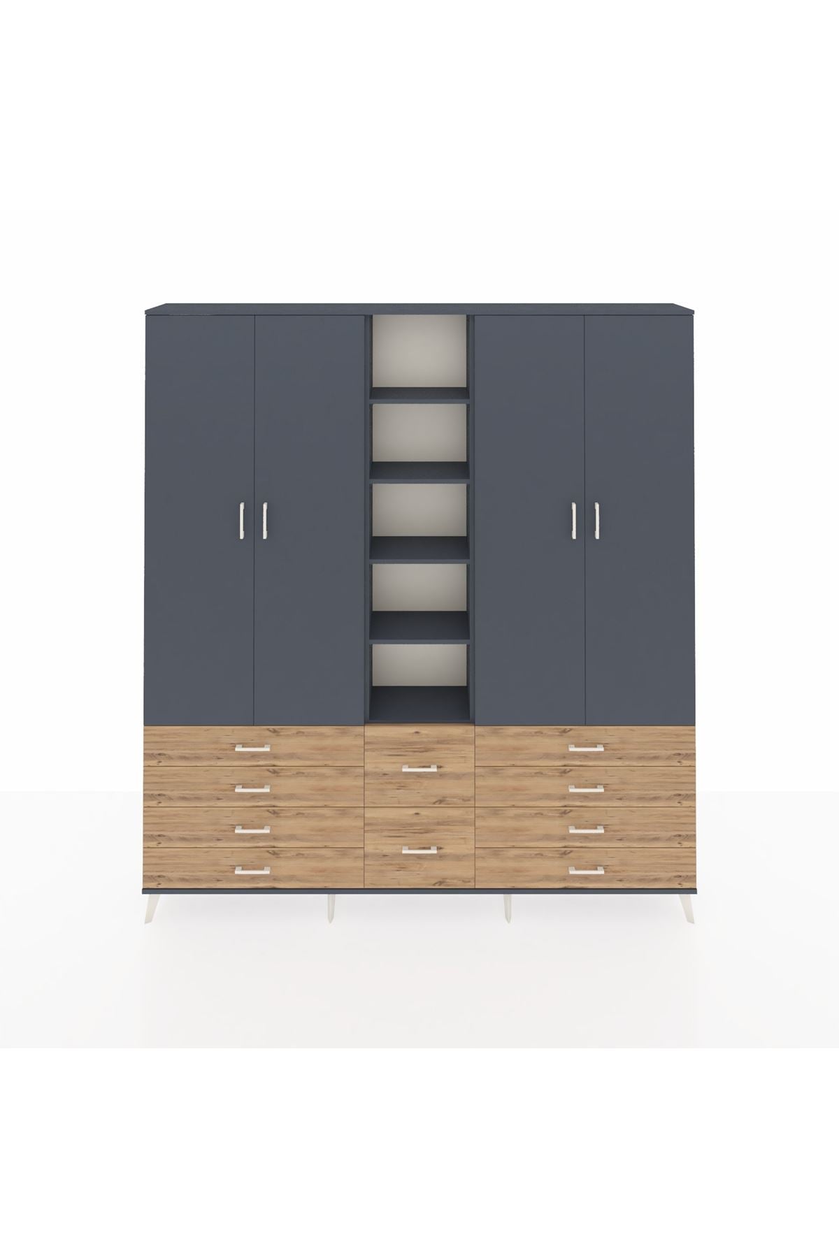 Arges Dolap 9 Raflı 10 Çekmeceli 2 Askılı 220x30x243 Antrasit-Antrasit/Çam