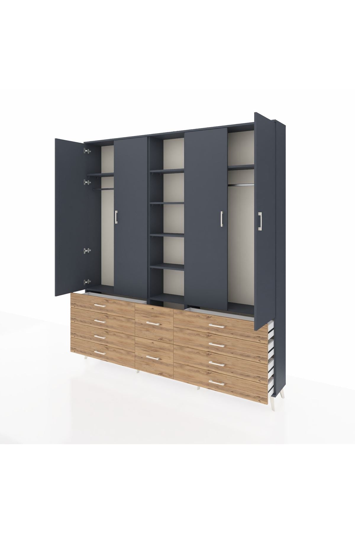 Arges Dolap 9 Raflı 10 Çekmeceli 2 Askılı 220x30x243 Antrasit-Antrasit/Çam