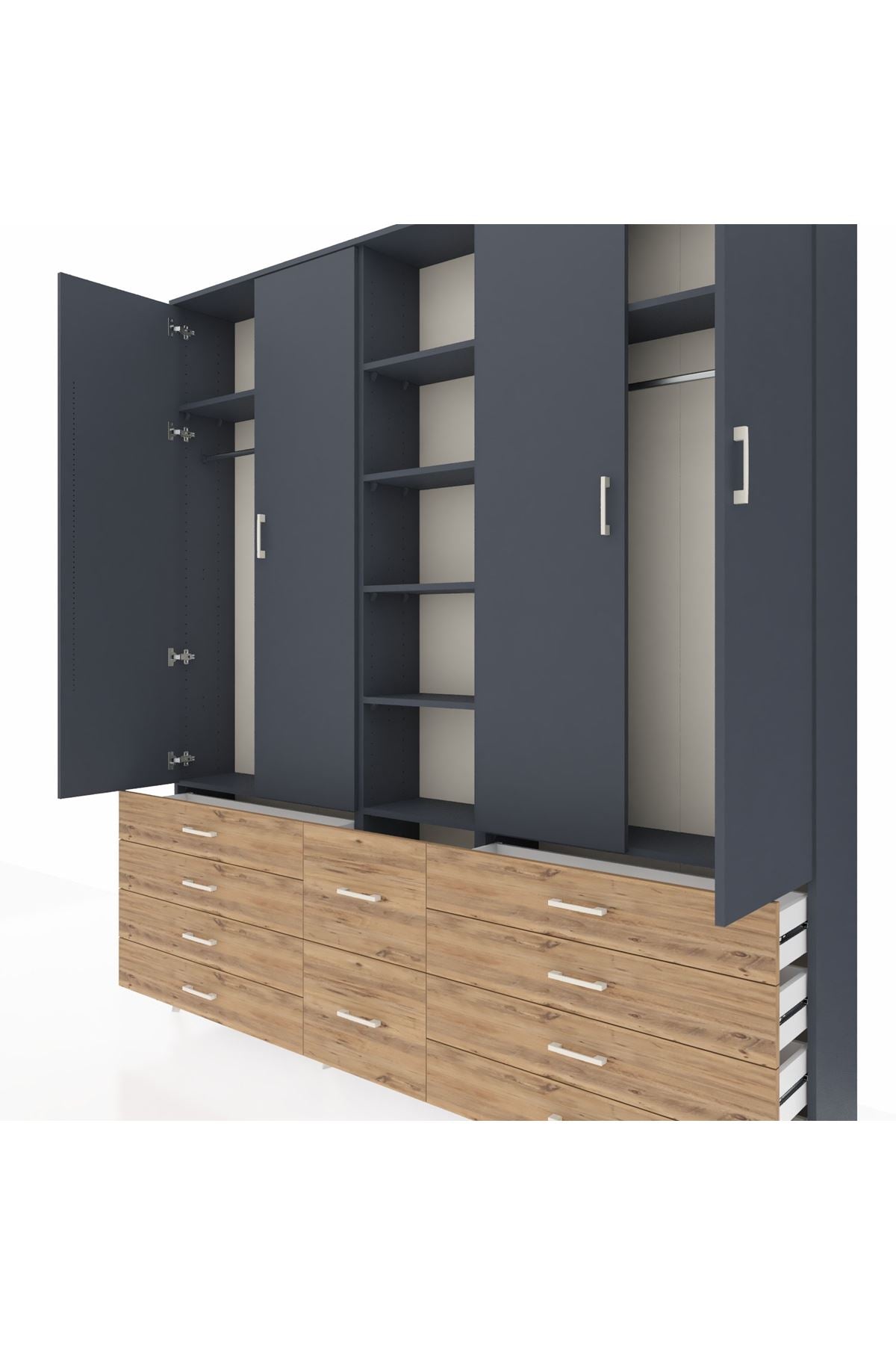 Arges Dolap 9 Raflı 10 Çekmeceli 2 Askılı 220x30x243 Antrasit-Antrasit/Çam