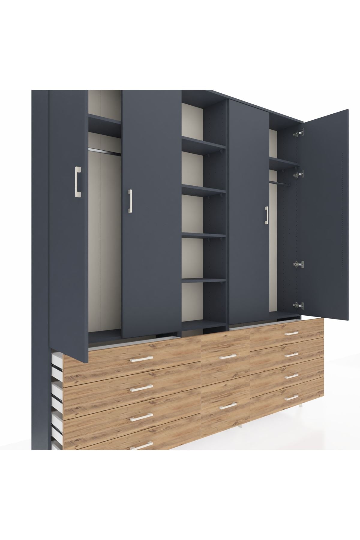 Arges Dolap 9 Raflı 10 Çekmeceli 2 Askılı 220x30x243 Antrasit-Antrasit/Çam