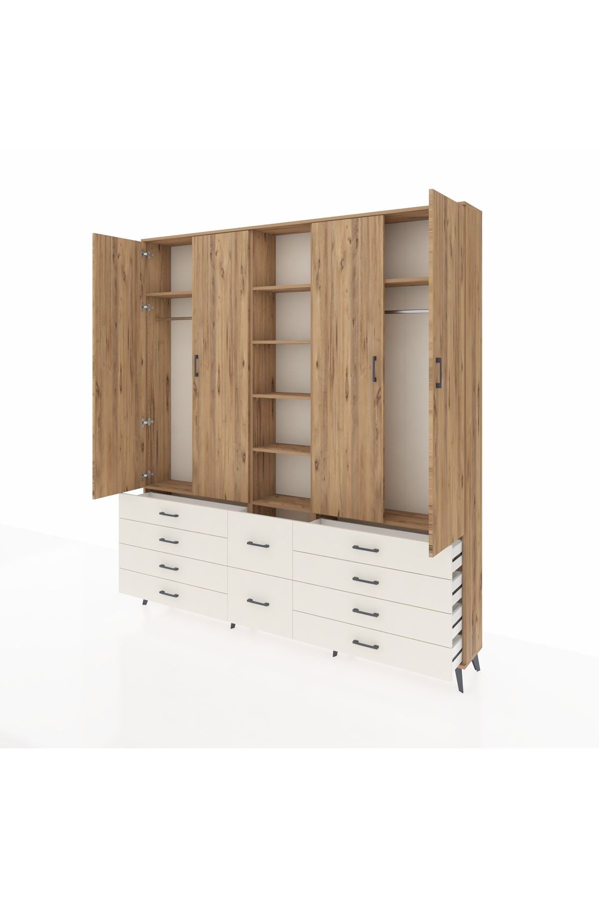 Arges Dolap 9 Raflı 10 Çekmeceli 2 Askılı 220x30x243 Çam-Çam/Aytaşı