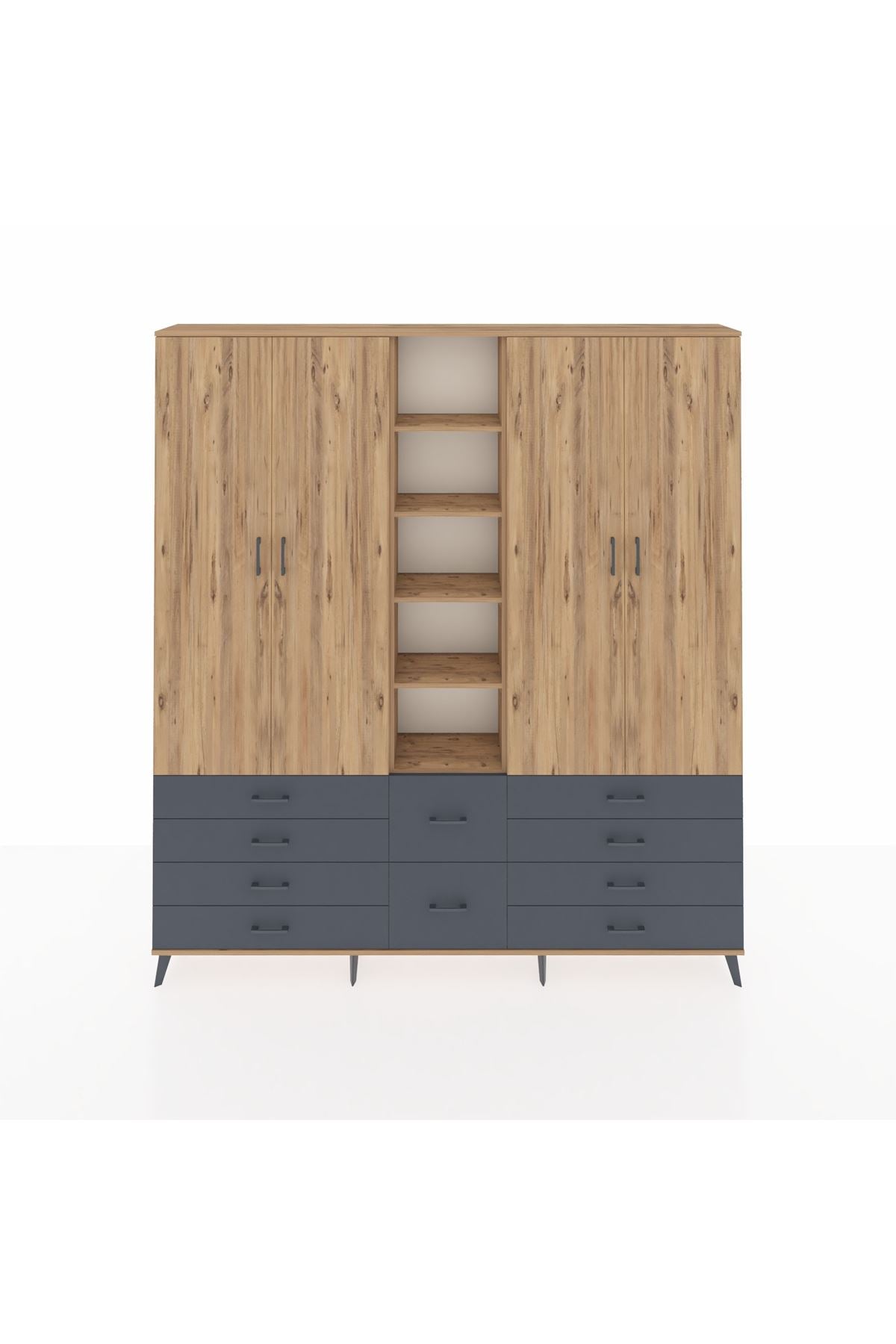 Arges Dolap 9 Raflı 10 Çekmeceli 2 Askılı 220x30x243 Çam-Çam/Antrasit