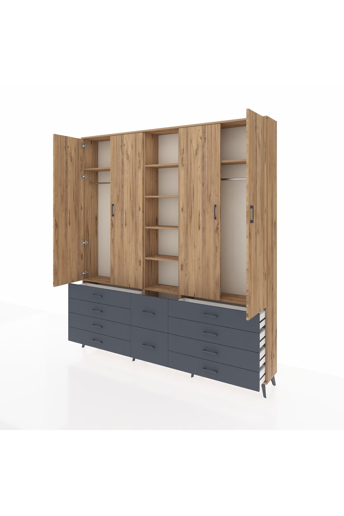 Arges Dolap 9 Raflı 10 Çekmeceli 2 Askılı 220x30x243 Çam-Çam/Antrasit