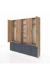 Arges Dolap 9 Raflı 10 Çekmeceli 2 Askılı 220x30x243 Çam-Çam/Antrasit