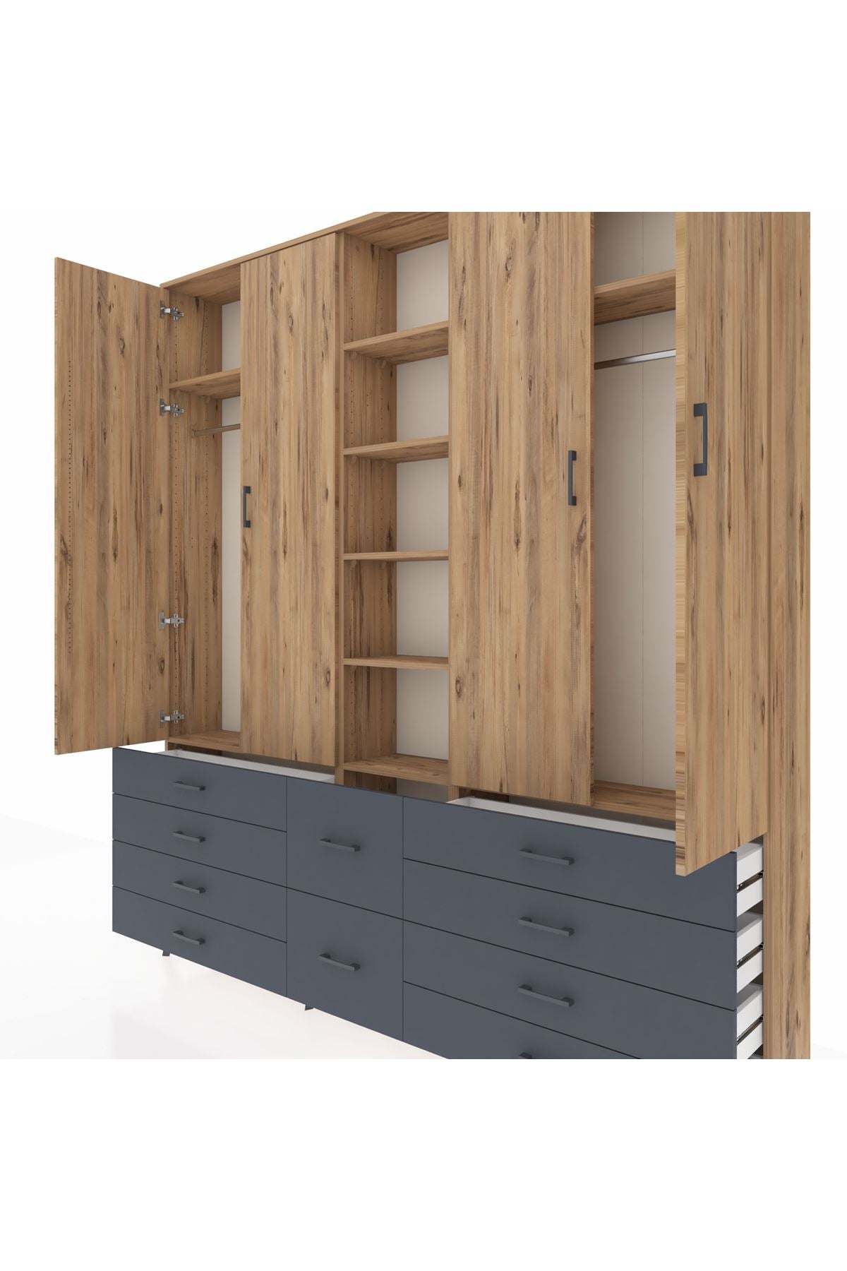 Arges Dolap 9 Raflı 10 Çekmeceli 2 Askılı 220x30x243 Çam-Çam/Antrasit