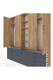 Arges Dolap 9 Raflı 10 Çekmeceli 2 Askılı 220x30x243 Çam-Çam/Antrasit