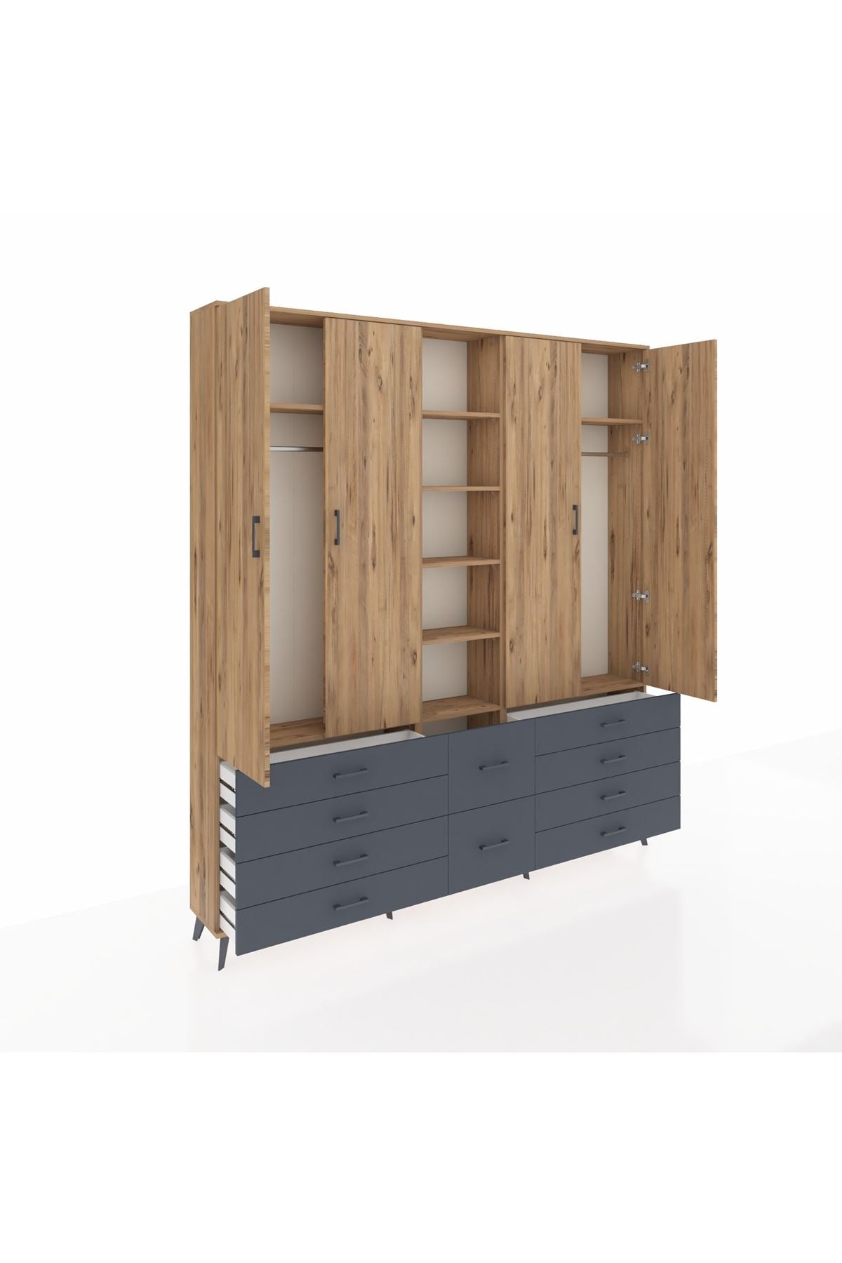 Arges Dolap 9 Raflı 10 Çekmeceli 2 Askılı 220x30x243 Çam-Çam/Antrasit