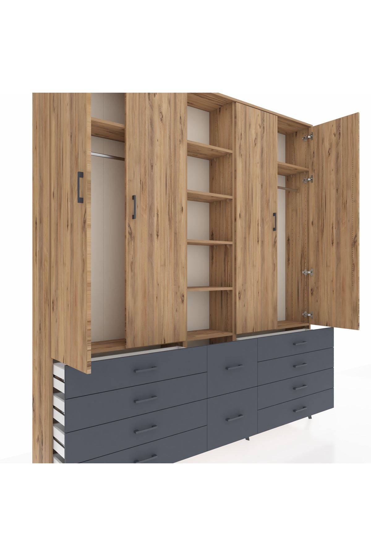 Arges Dolap 9 Raflı 10 Çekmeceli 2 Askılı 220x30x243 Çam-Çam/Antrasit