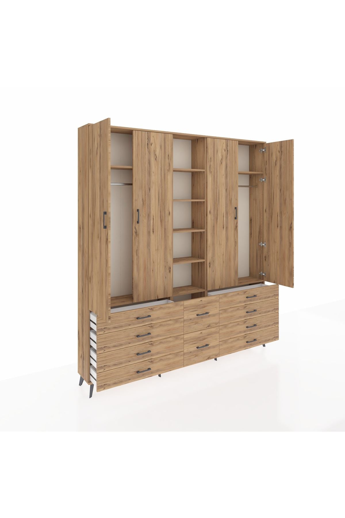 Arges Gardrop 9 Raflı 10 Çekmeceli 2 Askılı 220x30x243 Çam-Çam