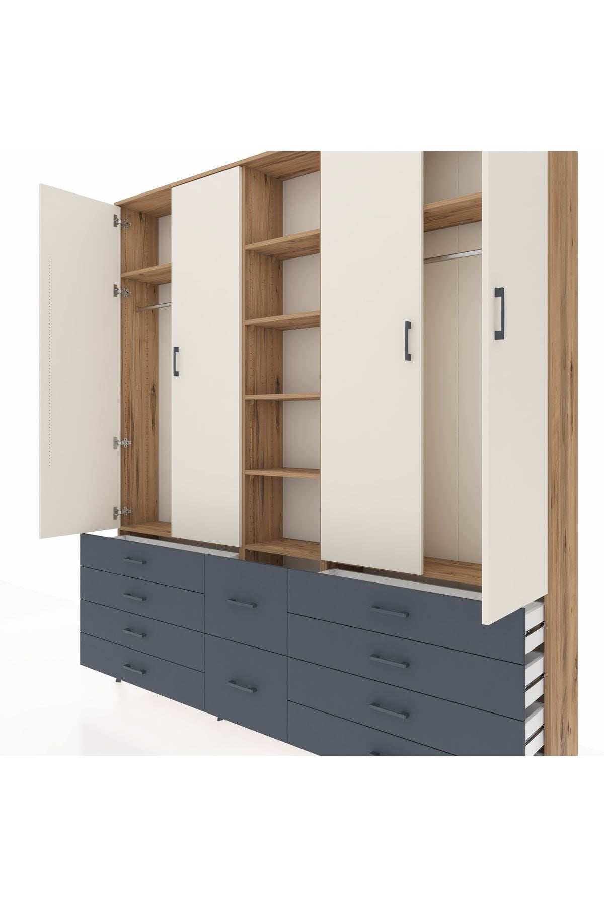 Arges Dolap 9 Raflı 10 Çekmeceli 2 Askılı 220x30x243 Çam-Aytaşı/Antrasit