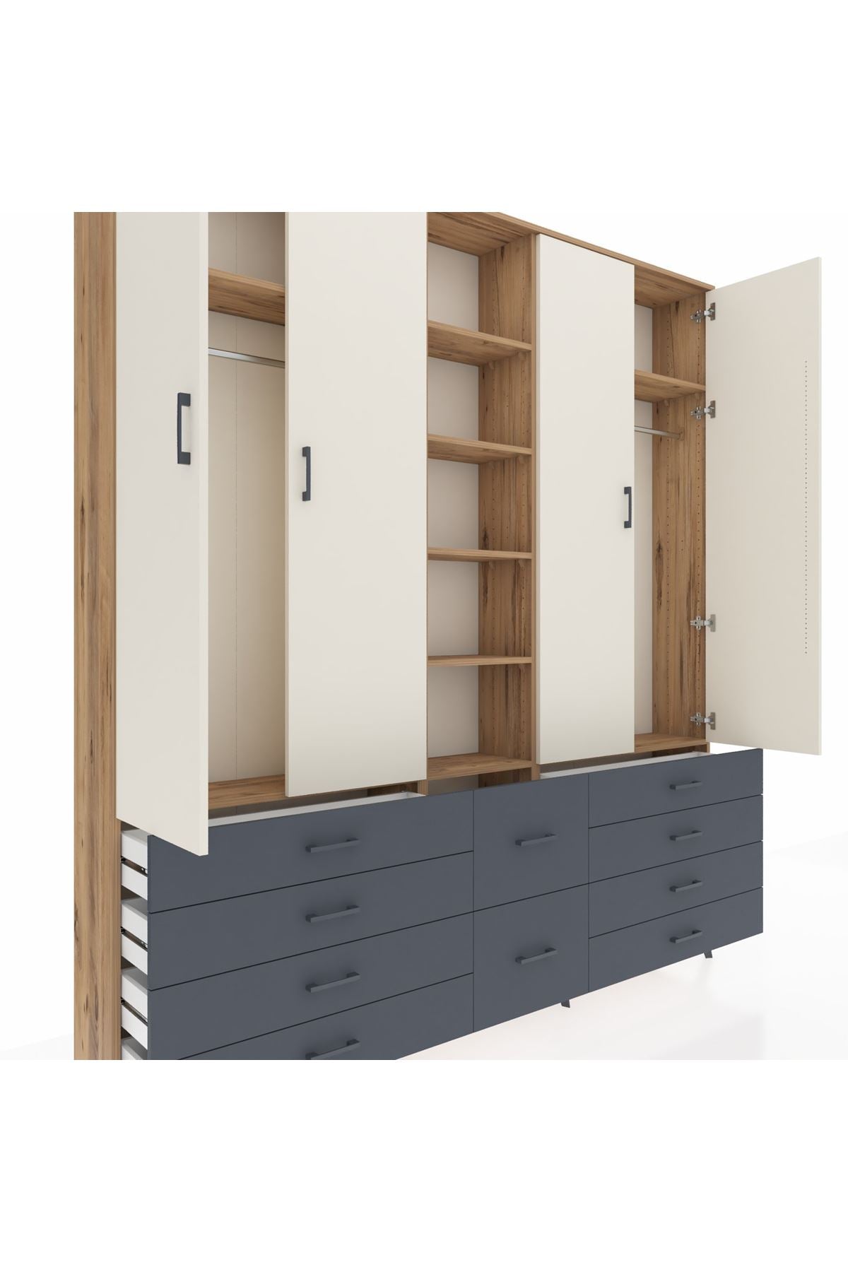 Arges Dolap 9 Raflı 10 Çekmeceli 2 Askılı 220x30x243 Çam-Aytaşı/Antrasit