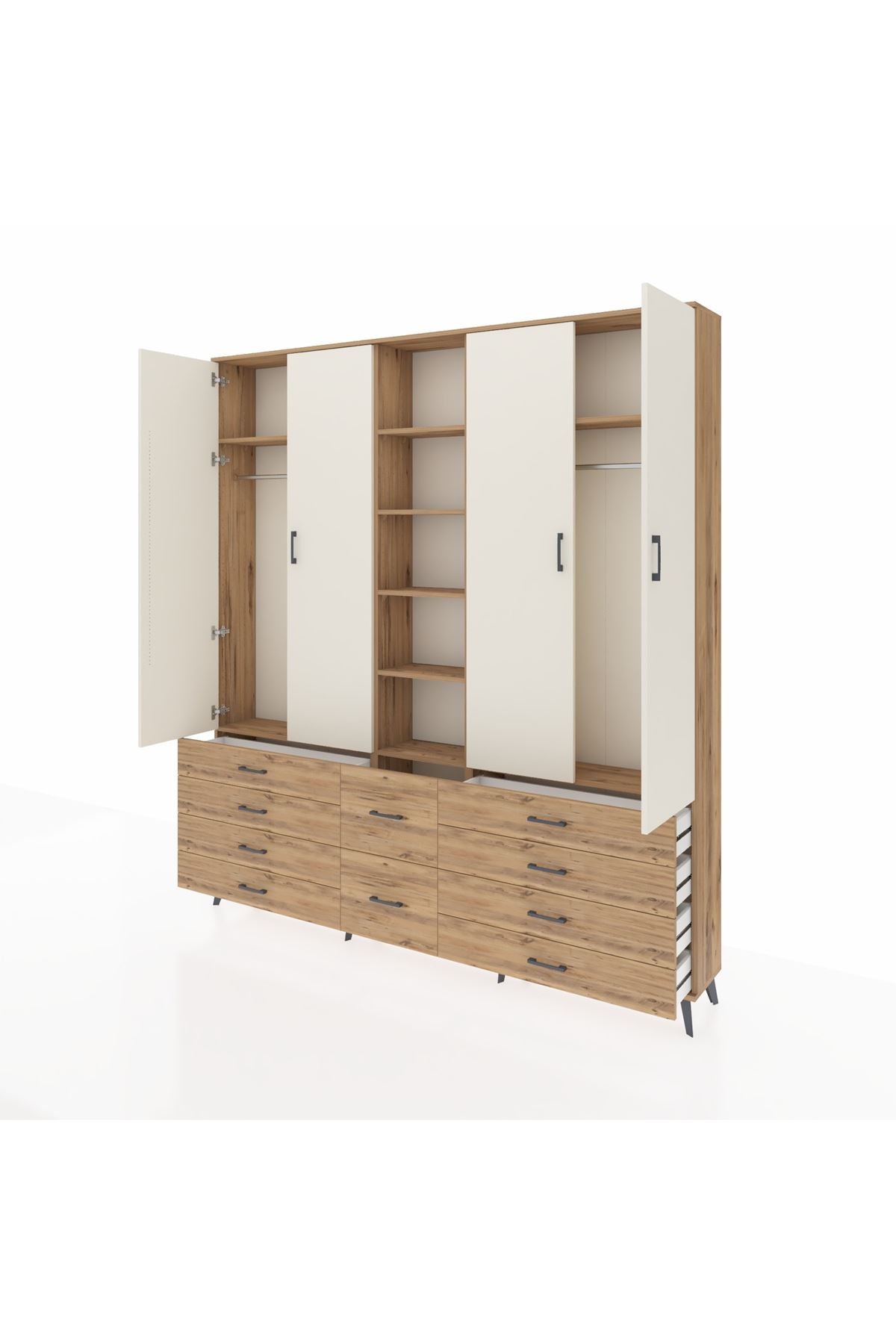 Arges Dolap 9 Raflı 10 Çekmeceli 2 Askılı 220x30x243 Çam-Aytaşı/Çam