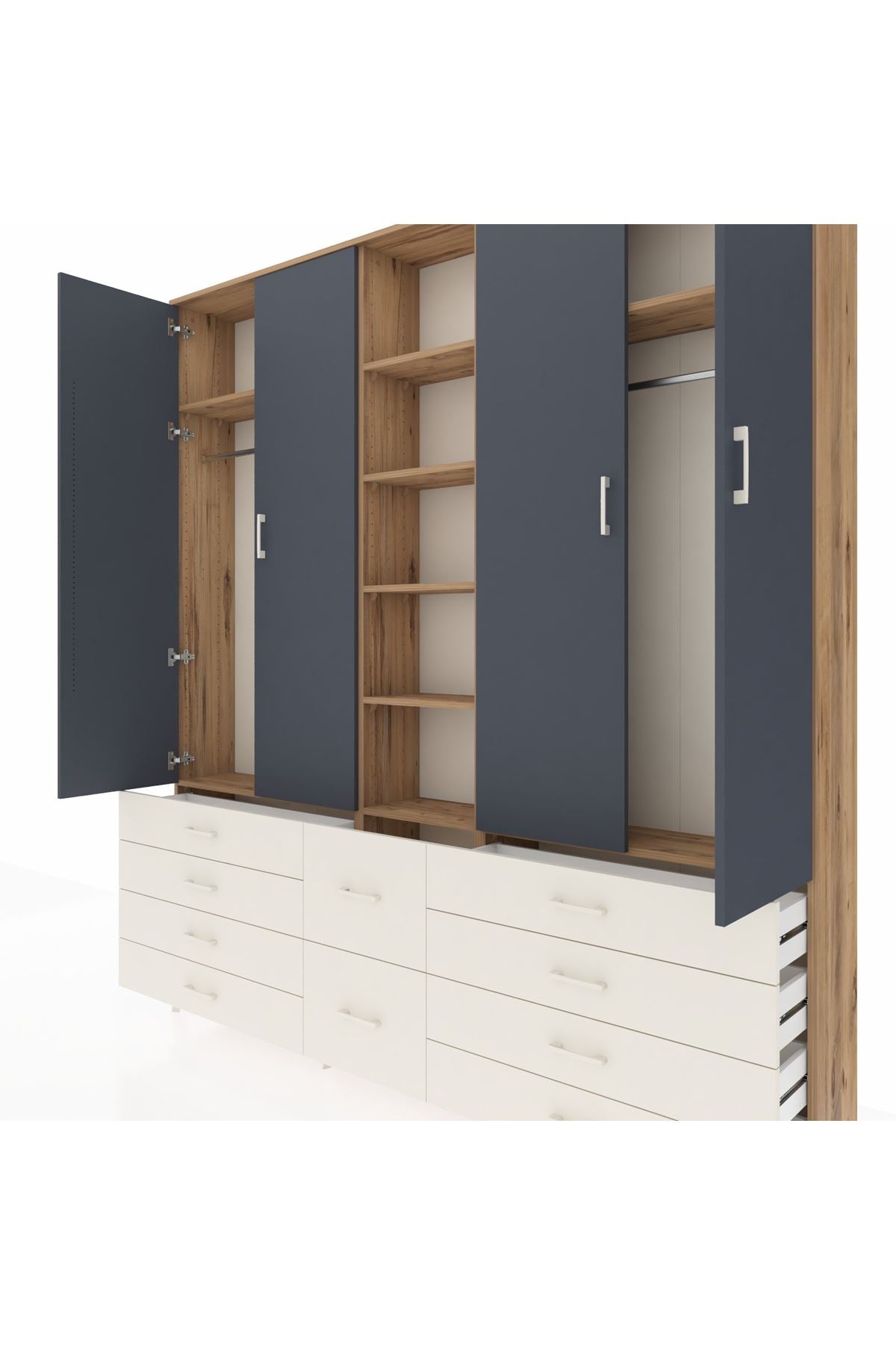 Arges Dolap 9 Raflı 10 Çekmeceli 2 Askılı 220x30x243 Çam-Antrasit/Aytaşı