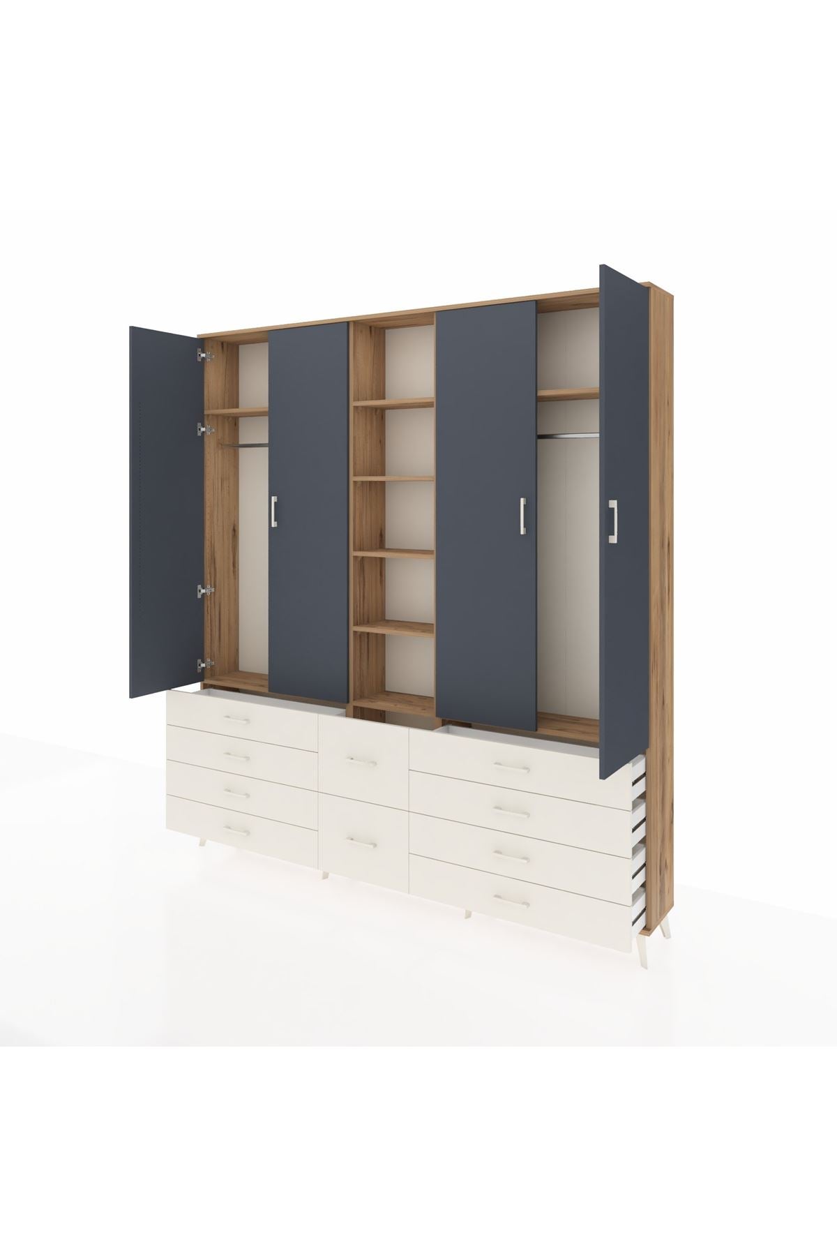 Arges Dolap 9 Raflı 10 Çekmeceli 2 Askılı 220x30x243 Çam-Antrasit/Aytaşı