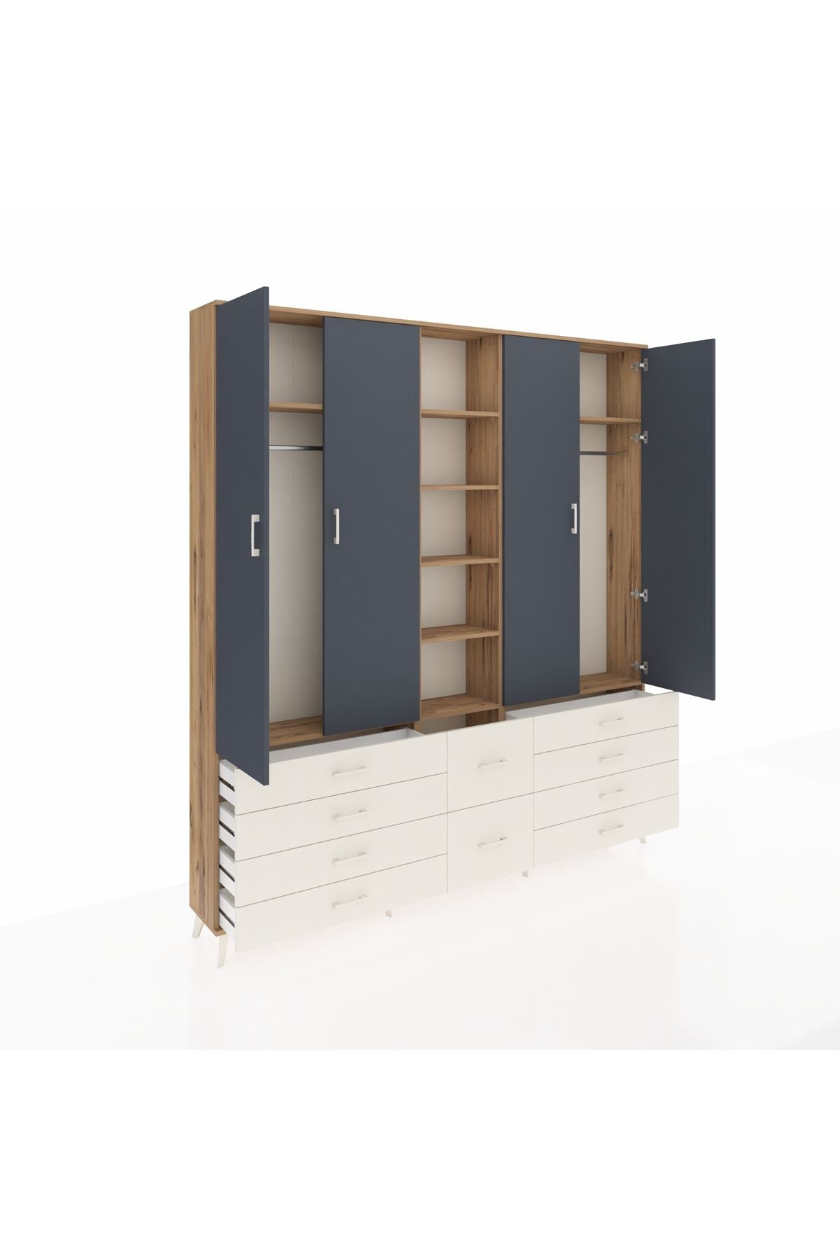 Arges Dolap 9 Raflı 10 Çekmeceli 2 Askılı 220x30x243 Çam-Antrasit/Aytaşı