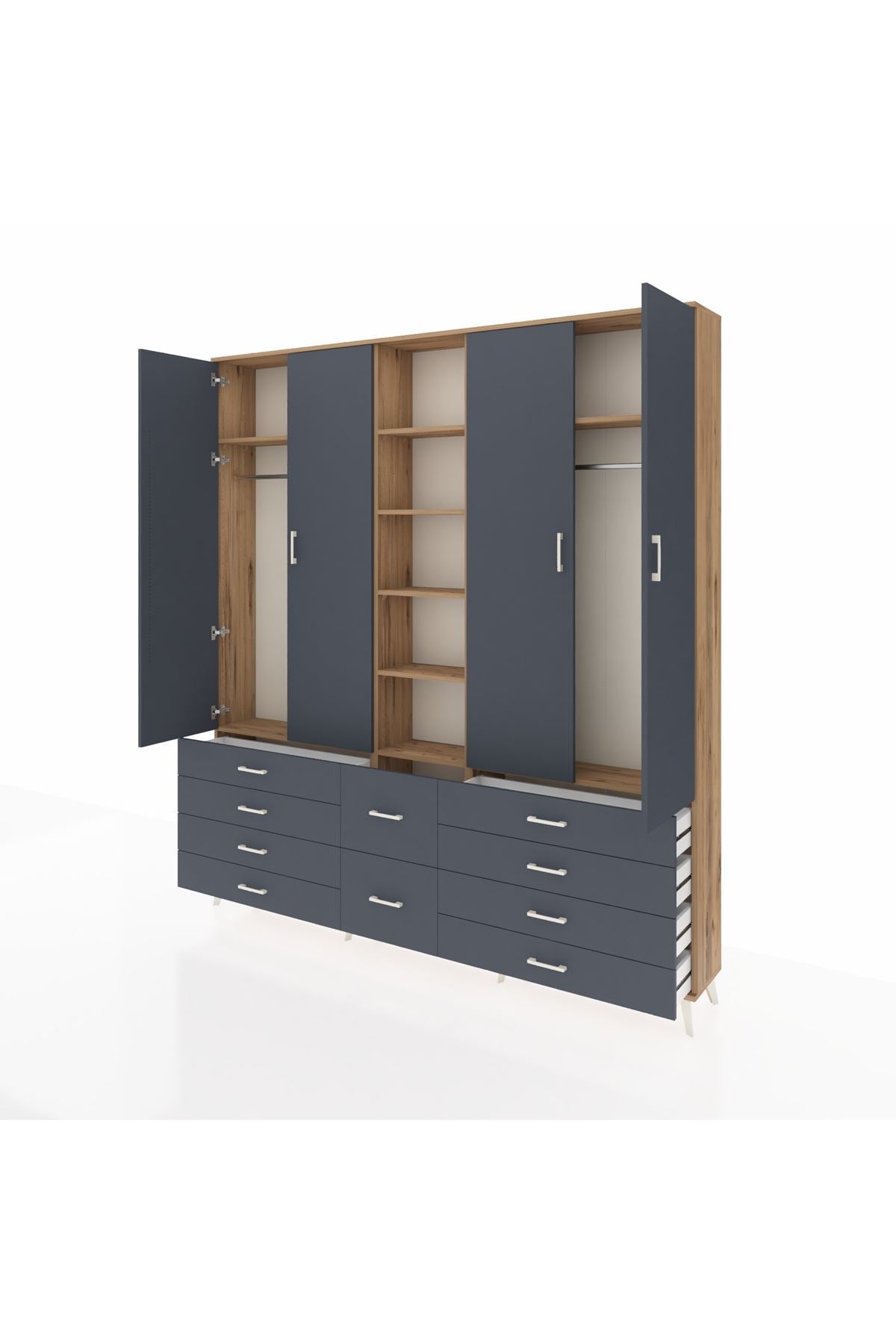 Arges Gardrop 9 Raflı 10 Çekmeceli 2 Askılı 220x30x243 Çam-Antrasit