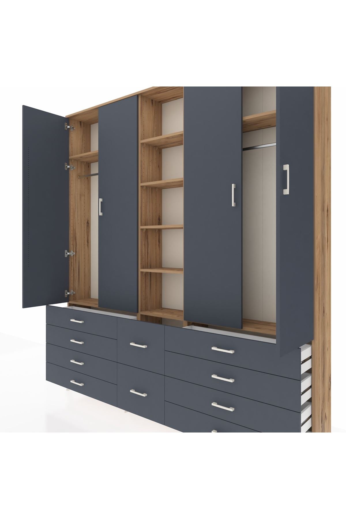 Arges Gardrop 9 Raflı 10 Çekmeceli 2 Askılı 220x30x243 Çam-Antrasit