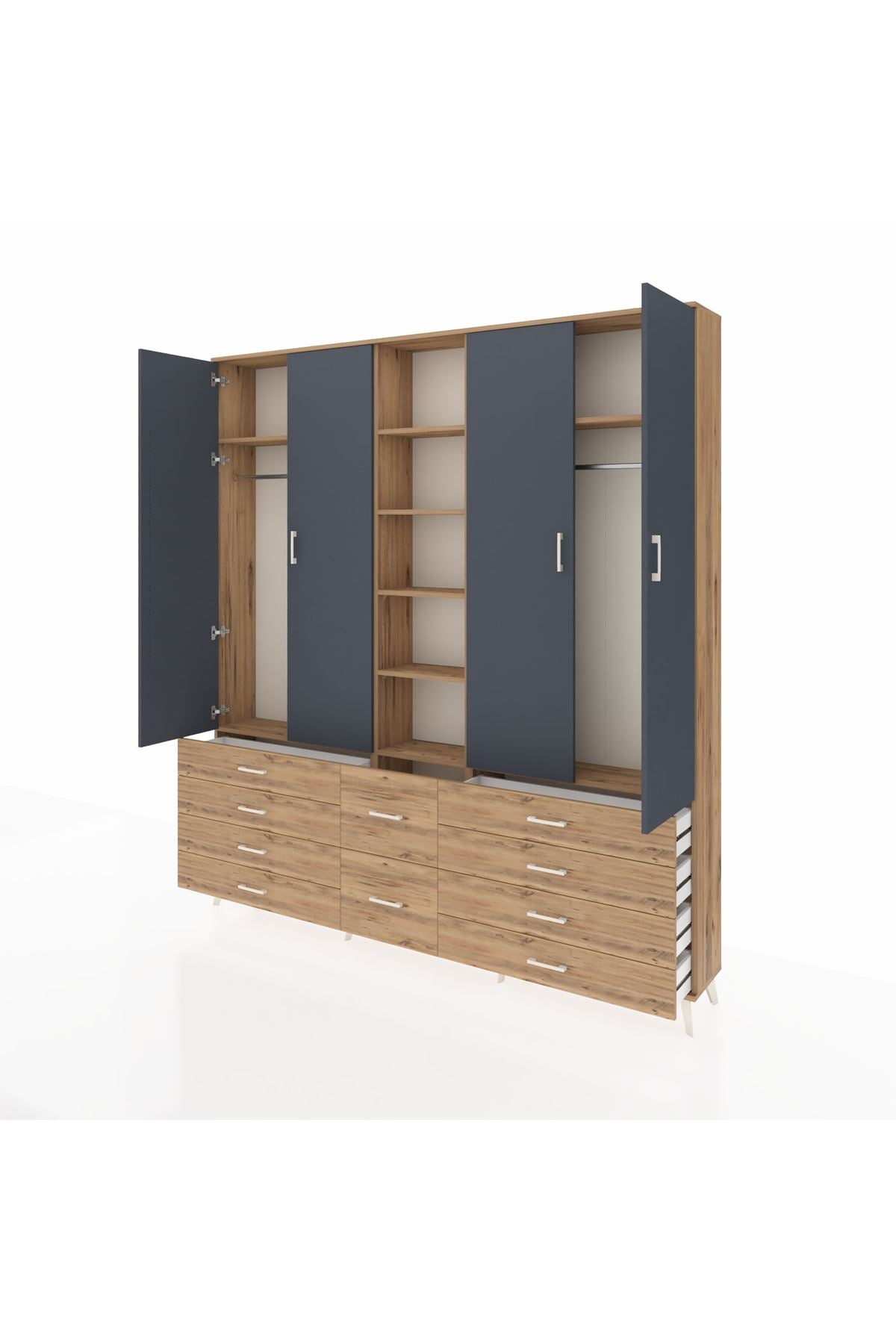 Arges Dolap 9 Raflı 10 Çekmeceli 2 Askılı 220x30x243 Çam-Antrasit/Çam